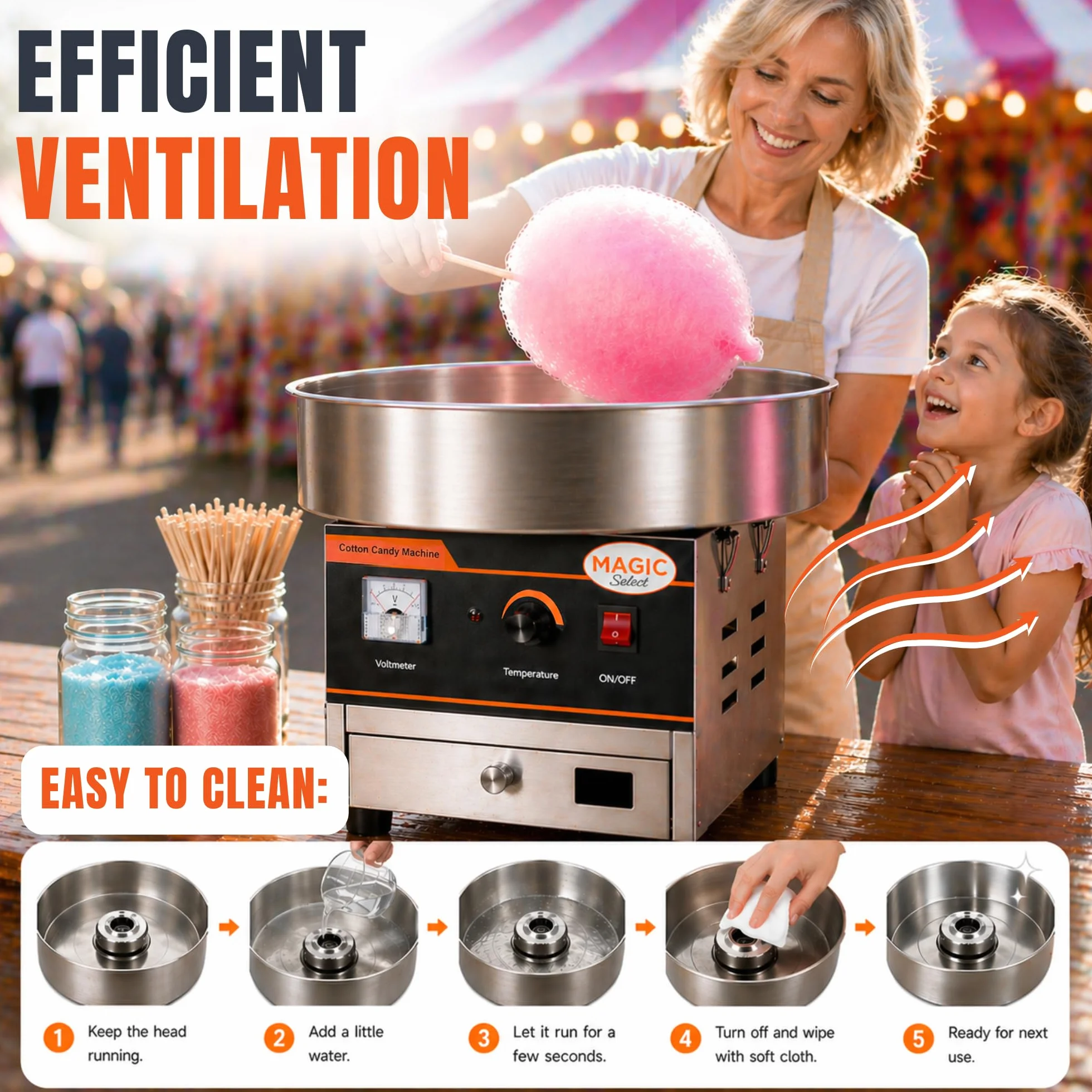 Máquina de Algodón de Azúcar Profesional 900W, Acero Inoxidable con Control de Temperatura, Calentamiento Rápido 2-3 Min, Incluye Paleta Dosificadora, para Eventos y Ferias. (52x52x43 cm)