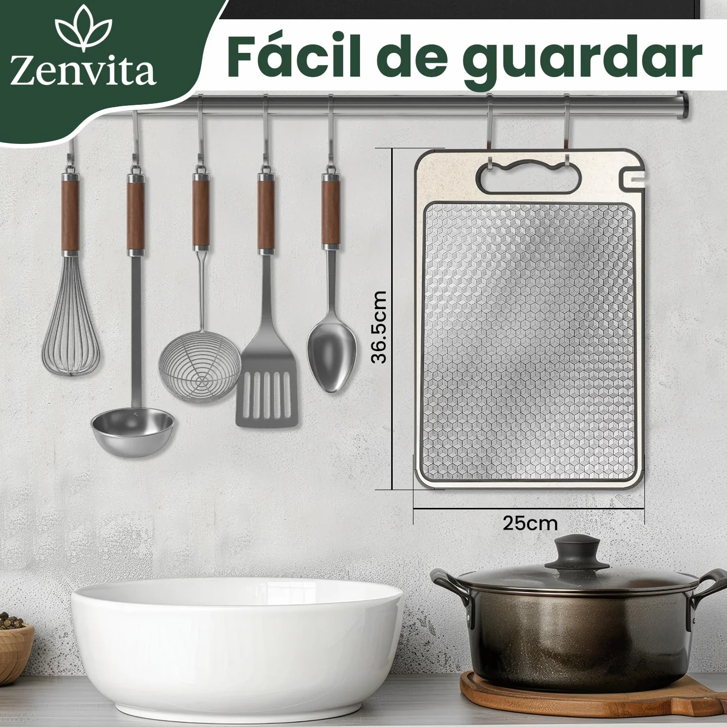 Tabla de cortar de acero inoxidable – Doble Cara Antibacteriana (Acero+PP) - patron diamante – Sin BPA,Grande y Duradera - cocina - descongela - Carne,Pescado,Verduras – Superficie de Corte 36 x 25 cm