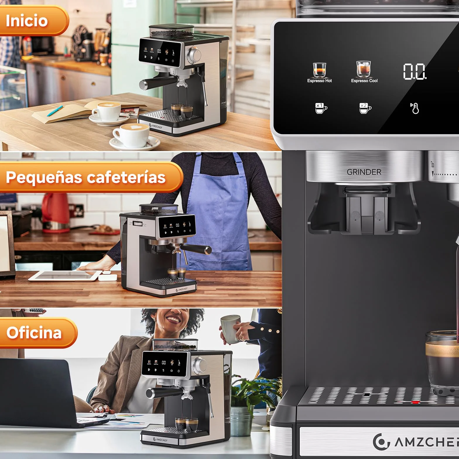 AMZCHEF Cafetera express con molinillo, cafetera espresso 20 bar para casa con vaporizador de leche, 3 niveles de temperatura, 20 ajustes de molienda, función de café frío y caliente, pantalla táctil