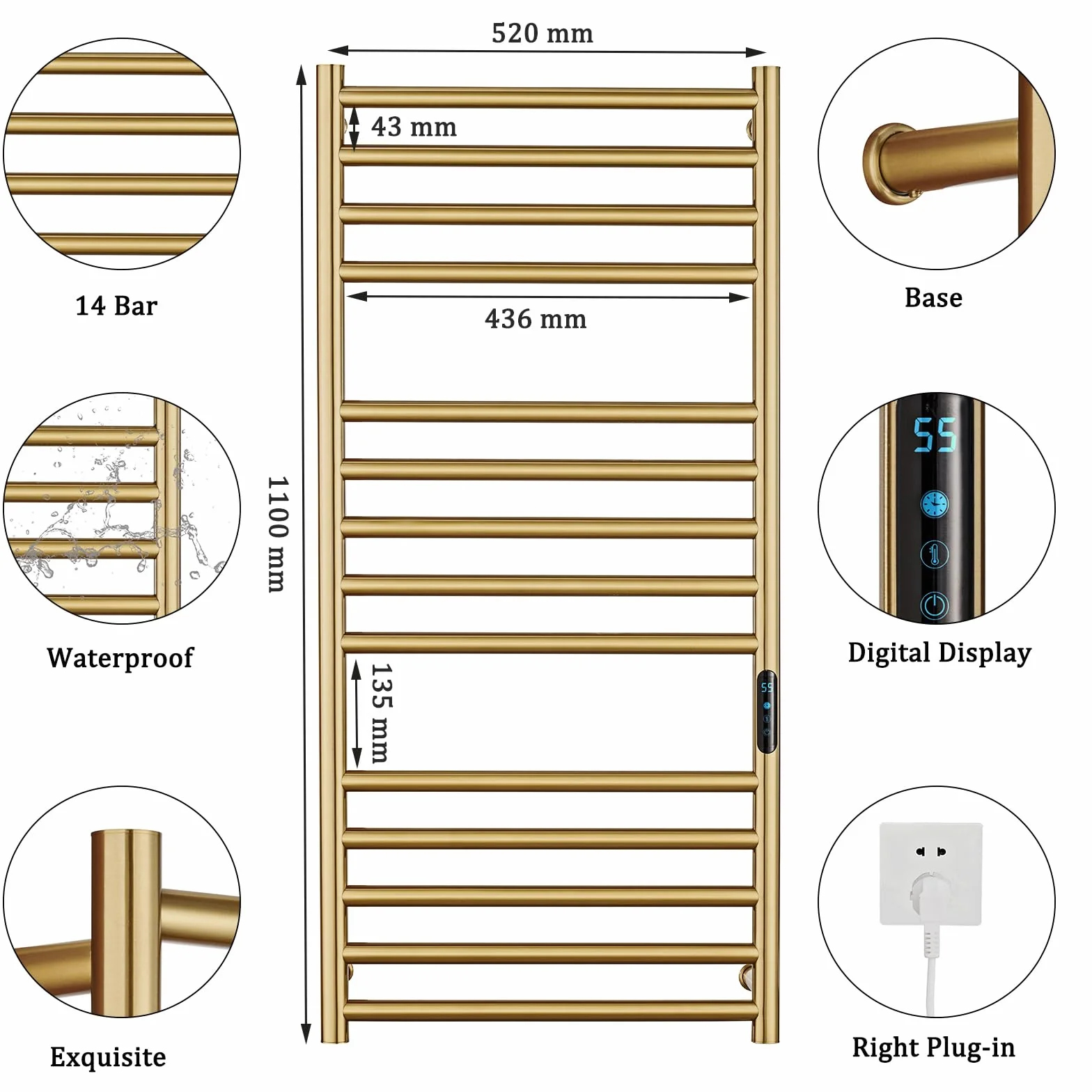 ESOP Radiador Toallero Eléctrico Baño Oro 162 W Radiador Calienta Toallas de Toallero, 110x52x12 cm Toallero Calentado para Baño, Inteligente de Temperatura Constante Calentador de Toallas Pared