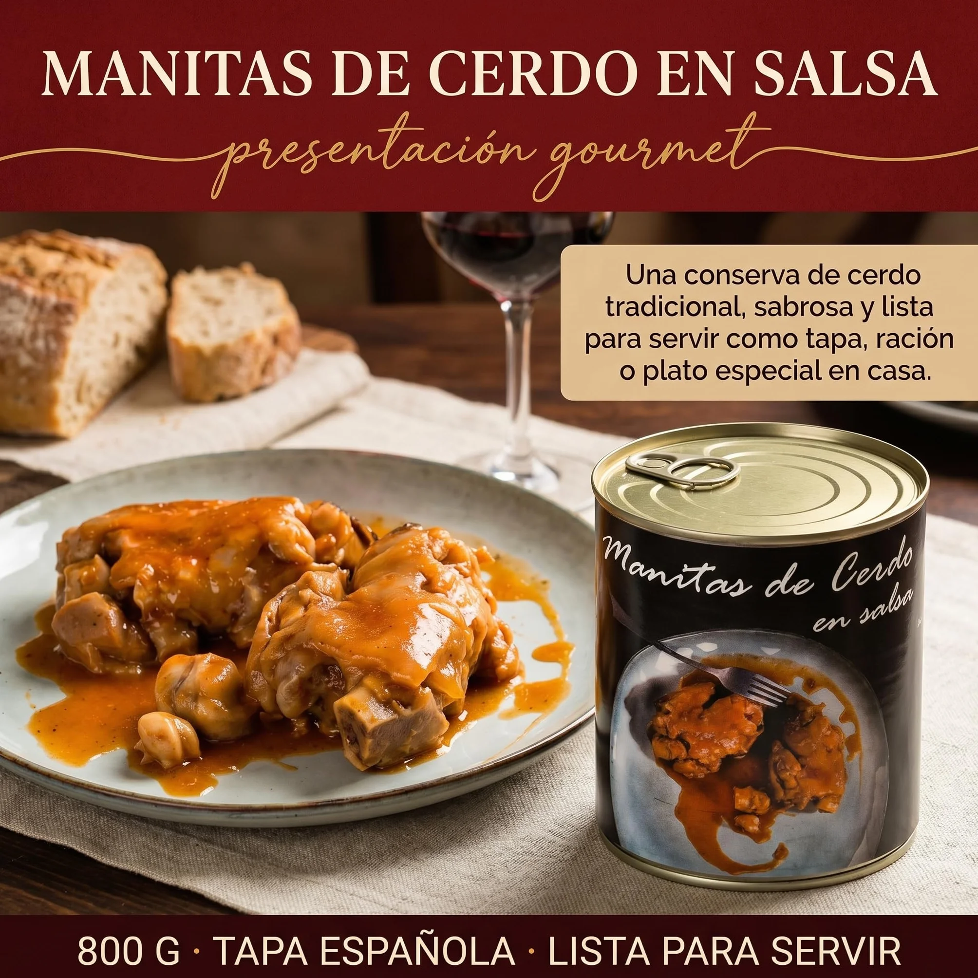 POLGRI Manitas de Cerdo en Salsa 800g Guisadas Receta Tradicional La Mancha Colageno Natural