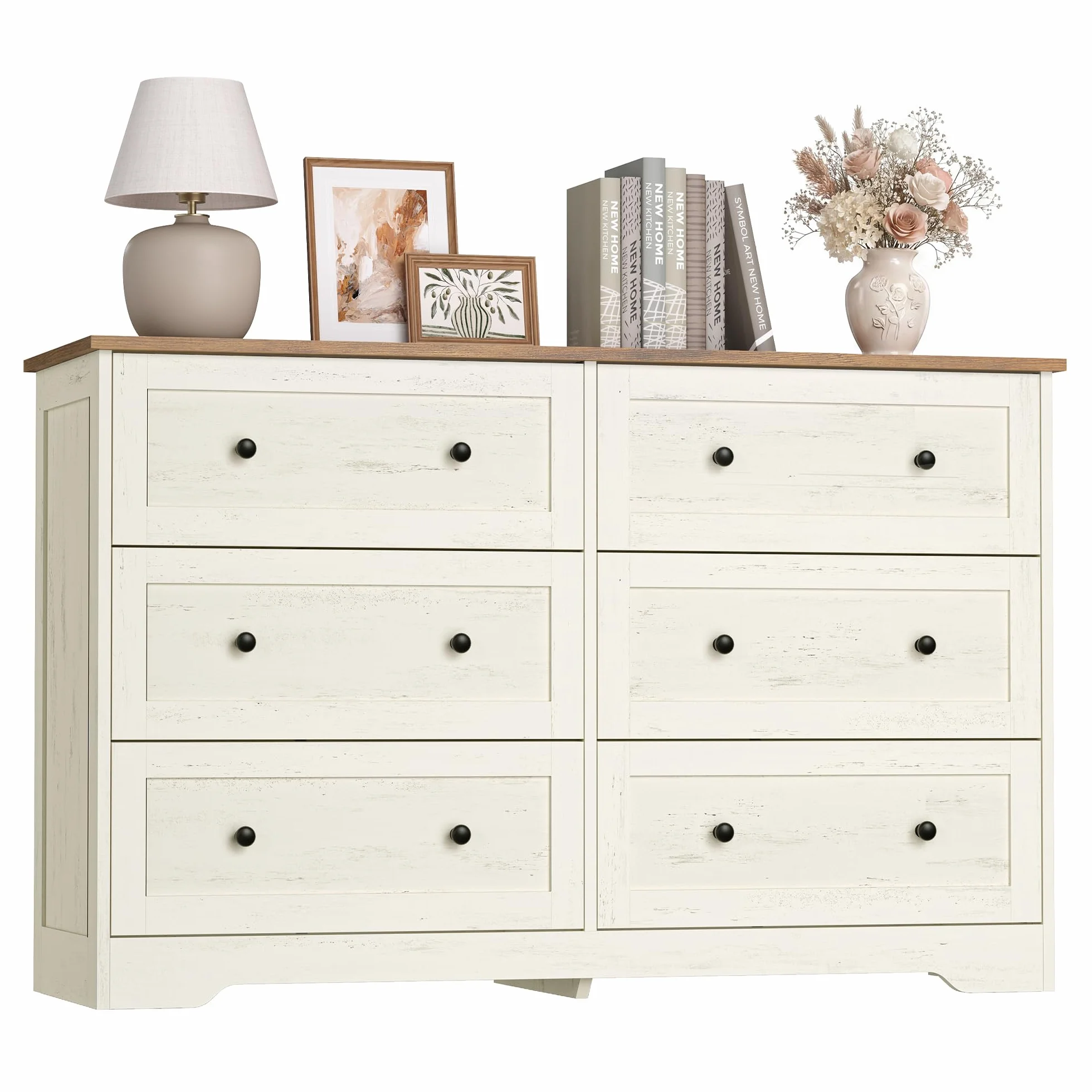 VASAGLE Siren Colección - Cajonera, Cómoda con Cajones, Estilo Rústico, Organizador Versátil, 6 Cajones, 40 x 120 x 78 cm, Blanco Rústico y Marrón Miel LTS663WJ01