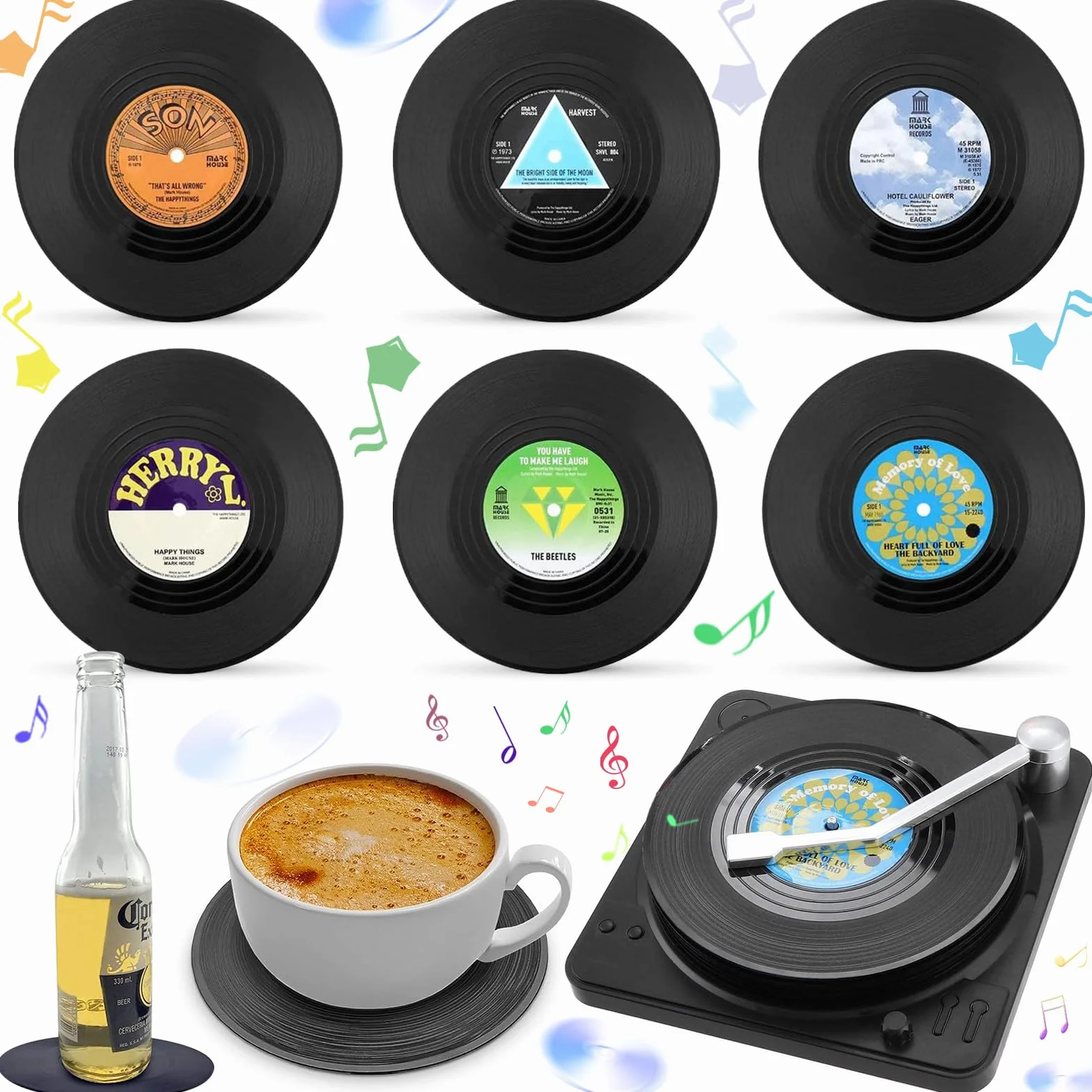 6 posavasos de silicona, posavasos retro de vinilo con soporte, en forma de discos de vinilo, para café, té, jarra de cerveza, vino, de cristal, casa y bar