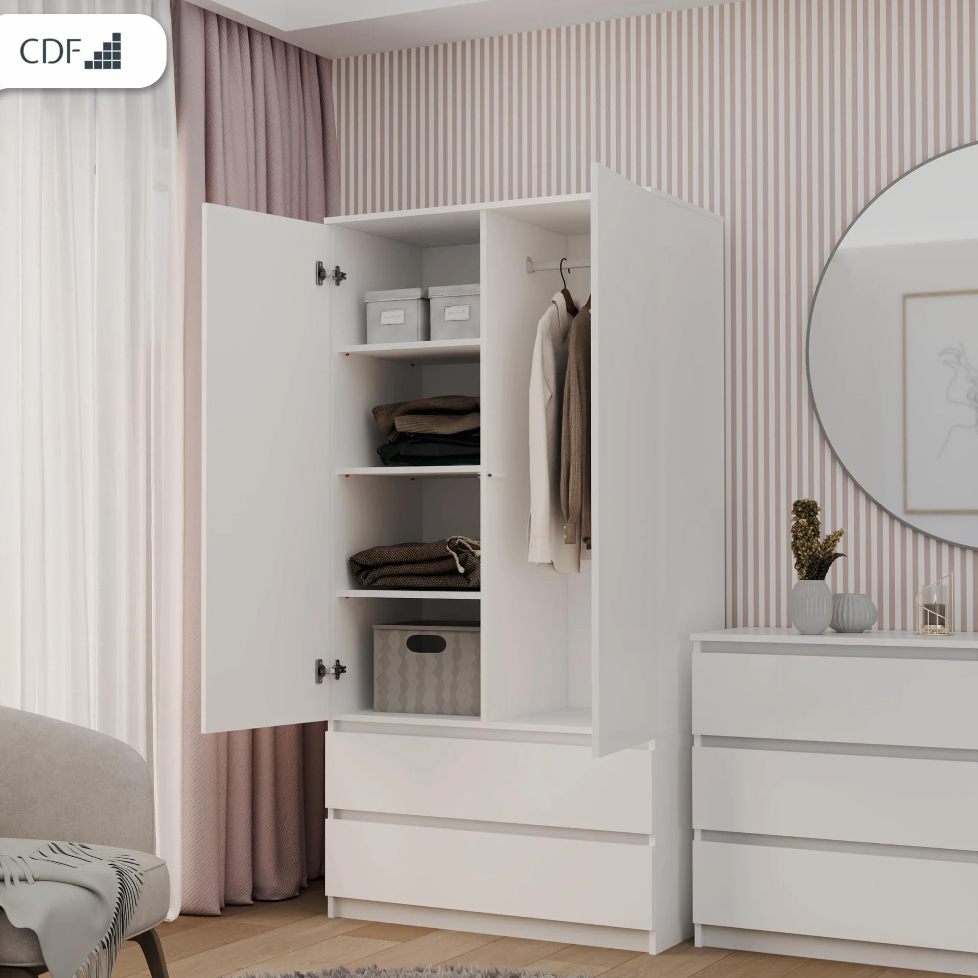 CDF Armario Dormitorio 90cm 2 Puertas 2 Cajones Armario Ropero Blanco Tablero Laminado 16 mm