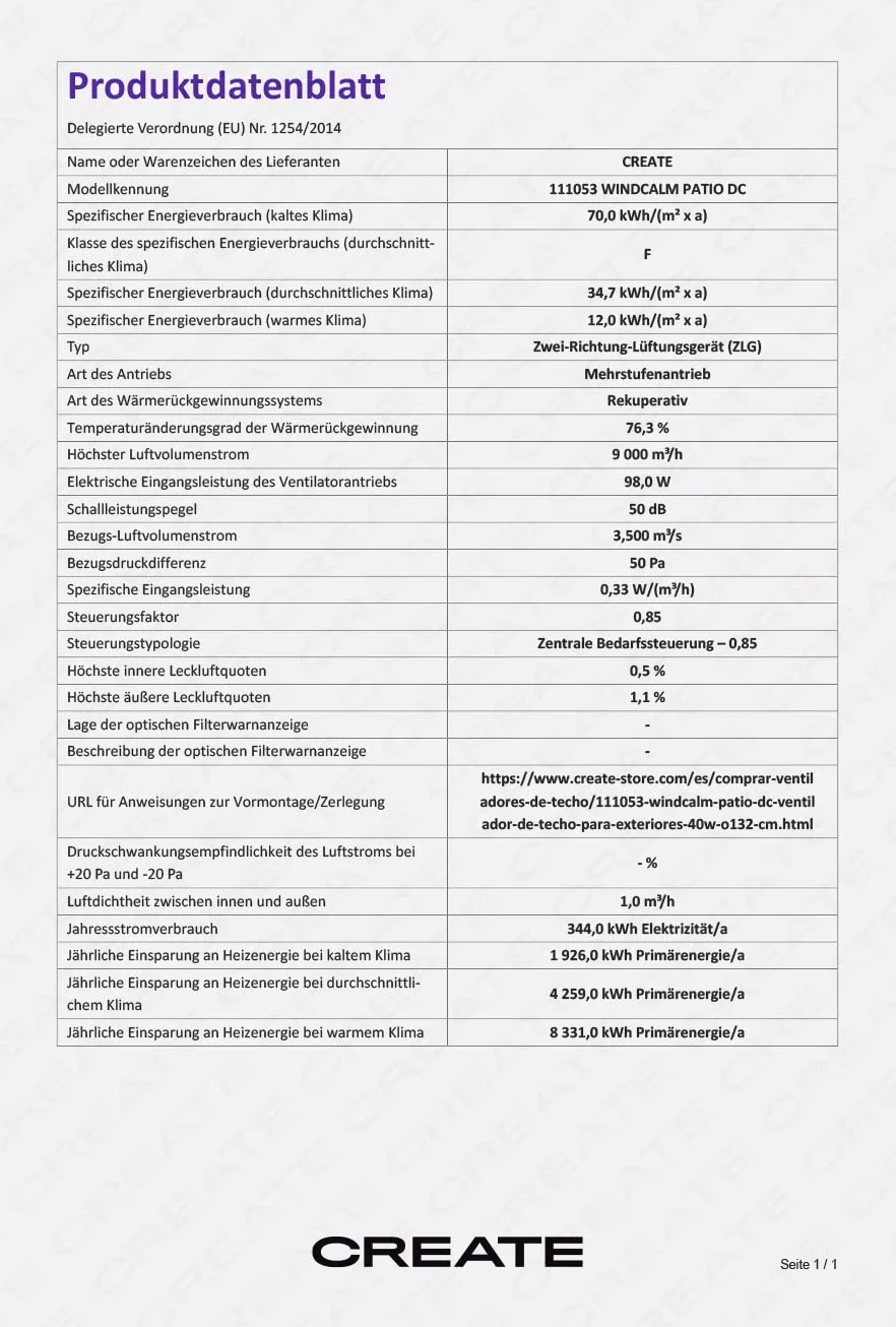 CREATE/WINDCALM/Ventilador de techo ABS blanco aspas efecto madera clara con Wifi y mando / 40W, Silencioso, Ø132 cm, 6 velocidades, temporizador, función verano-invierno