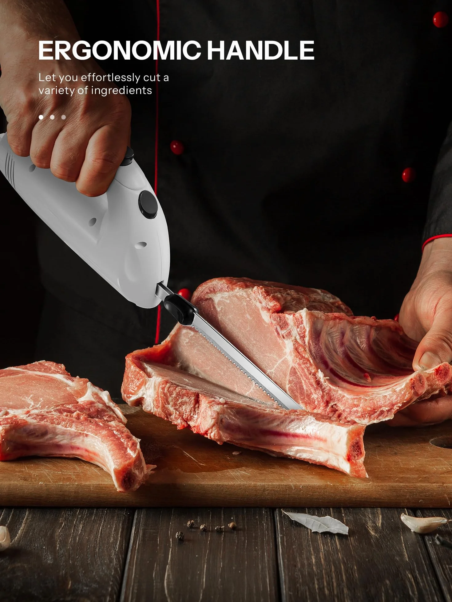 Reemix Cuchillo Eléctrico, hoja de acero inoxidable, Pan, Afilado Ondulado y Más, 2 Cuchillas para Carnes y Pan, Tenedor Incluido (blanco)