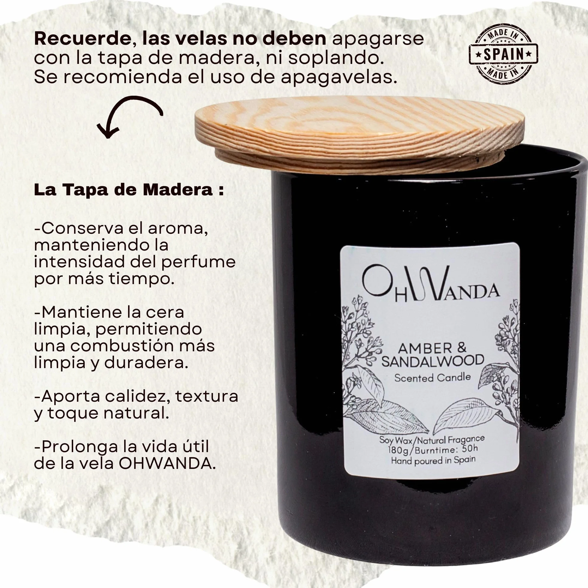 Velas Aromáticas Perfumada Ámbar Sándalo, Fragancia Larga Duración 50h, Cera Soja Natural 180g para tu Hogar sin Tóxicos, Aromaterapia Relajante, Regalo hombre, Hecha en España