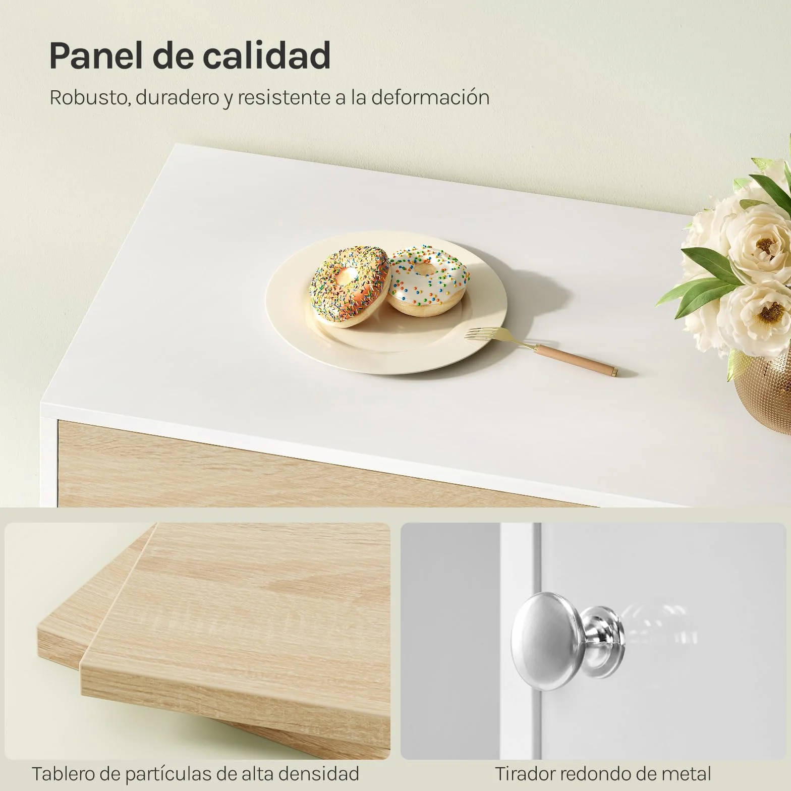 WOLTU Aparador Cocina, Buffet Cocina con Cajones, Zona Abierta y Puerta Transparente, Mueble Auxiliar para Comedor, Salón y Cocina, 100x40x80 cm, Roble Claro+Blanco