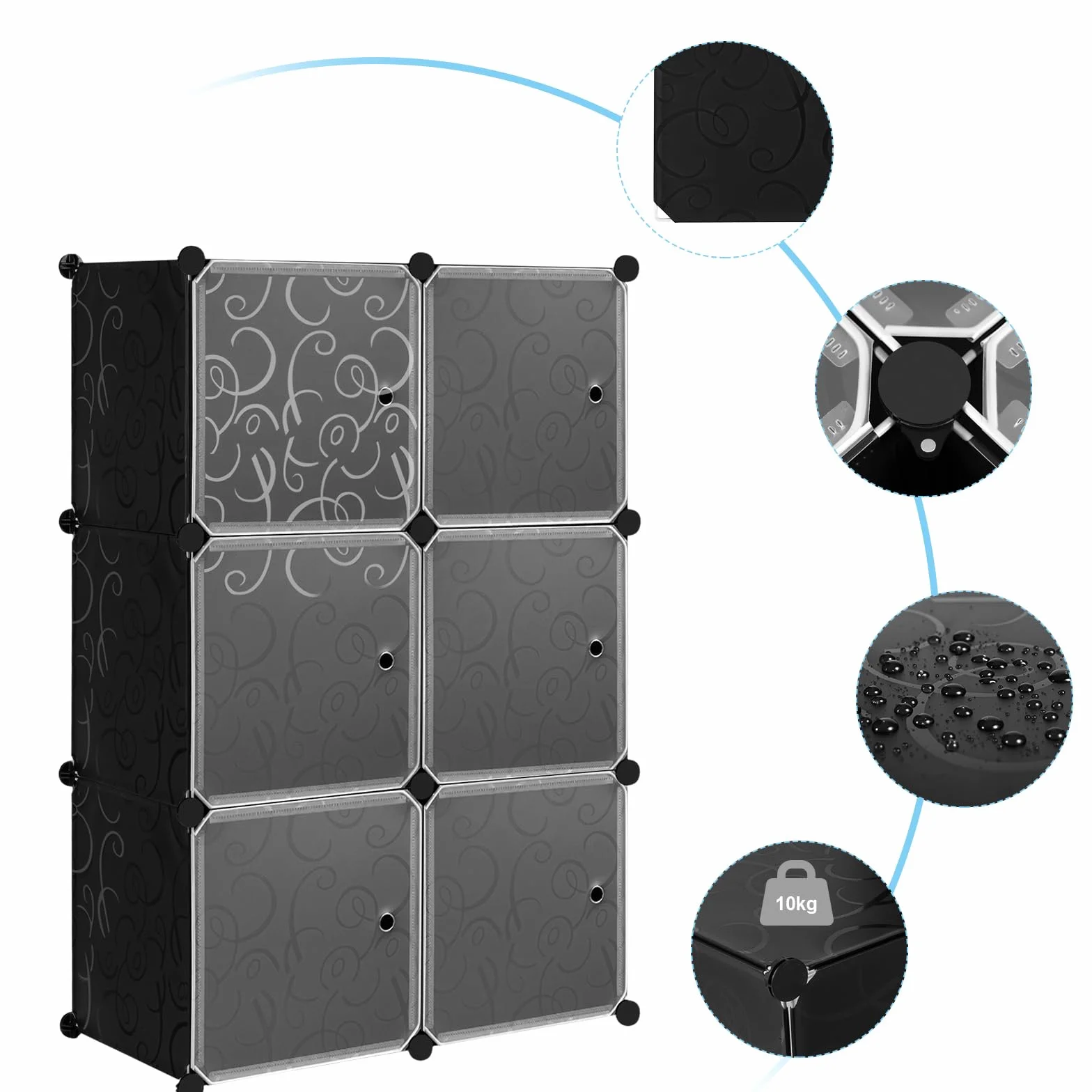 WOLTU Armario Modular de 6 Cubos, Organizador de Almacenamiento de Plástico con Puertas Imán, Negro