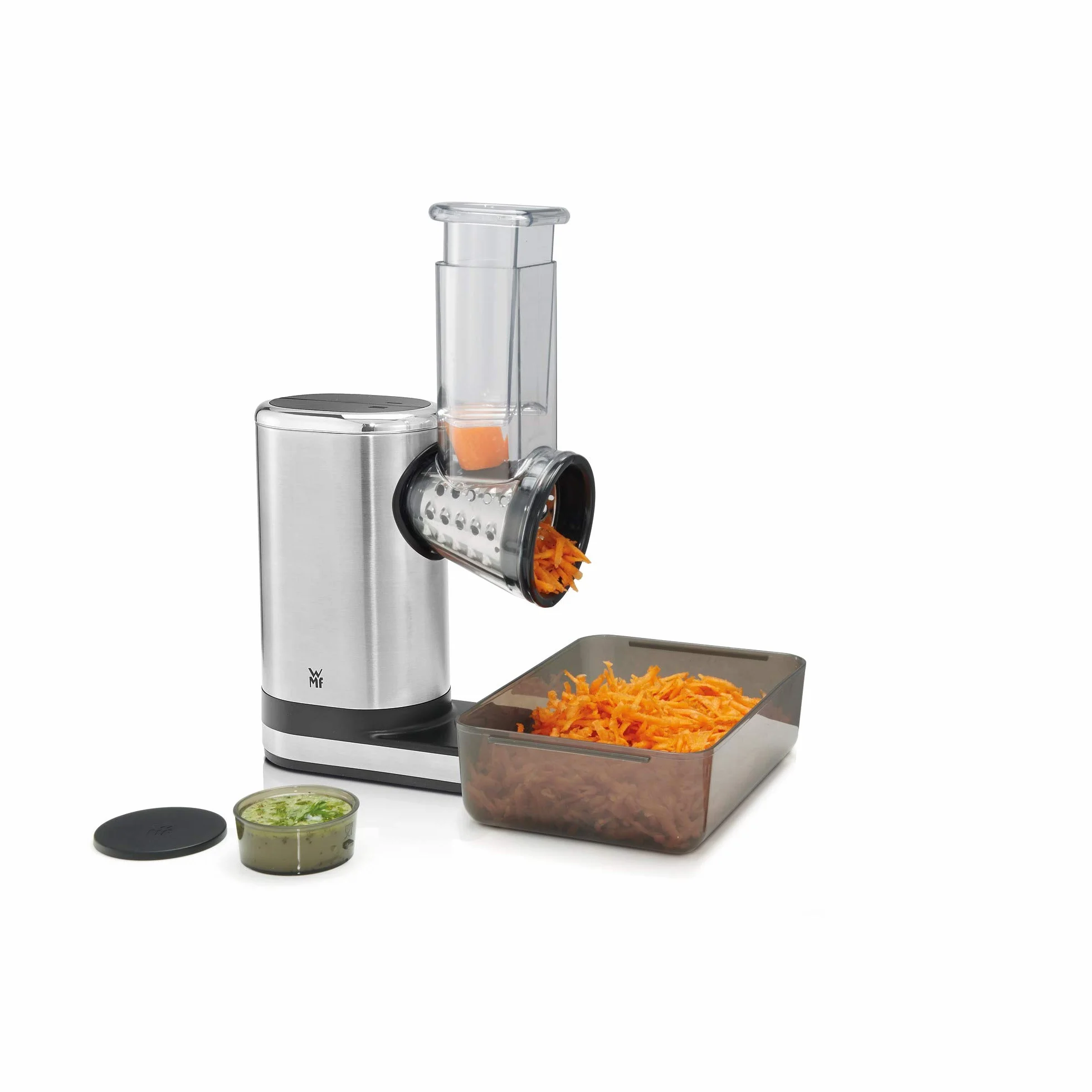 WMF Kitchenminis - Rallador Eléctrico con Accesorios Salad-To-Go, 150 W, Cromargan, 2 Velocidades, Negro/Plateado