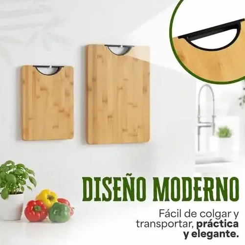 Tablas de Cortar de Bambú Set 2 Piezas.Tabla cocina madera. (38x28 + 30x20 cm) con Asa – Antibacterianas, Resistentes y Fáciles de Limpiar – Tabla Cocina Profesional
