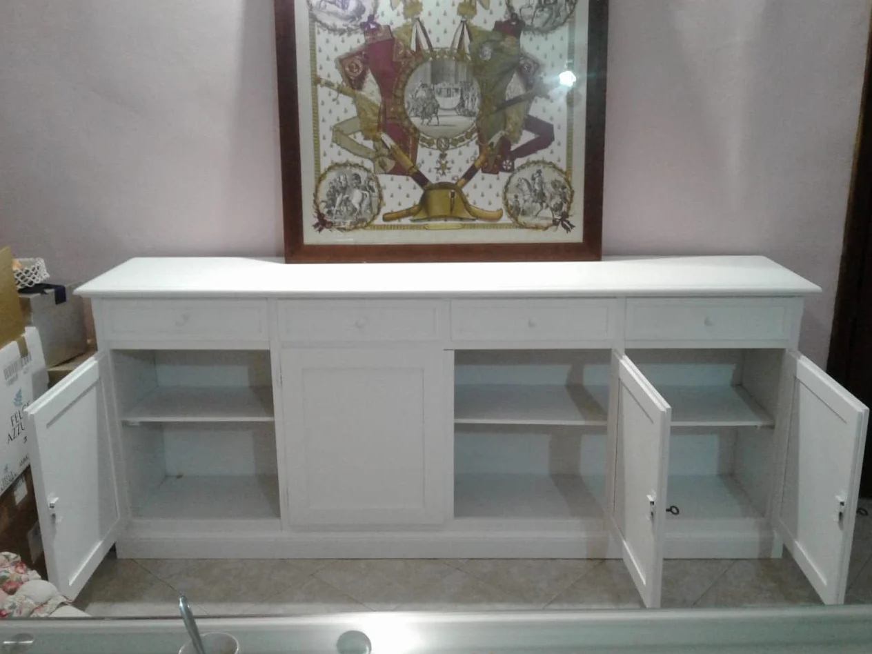 Mar.c.a. Design, Aparador Blanco, Aparador Cocina de Madera con 4 Cajones y 4 Puertas - Mueble TV Salon 205x42x86H - Mueble Salon y Cocina, Mueble TV Blanco para Varios Ambientes y Usos, Made in Italy