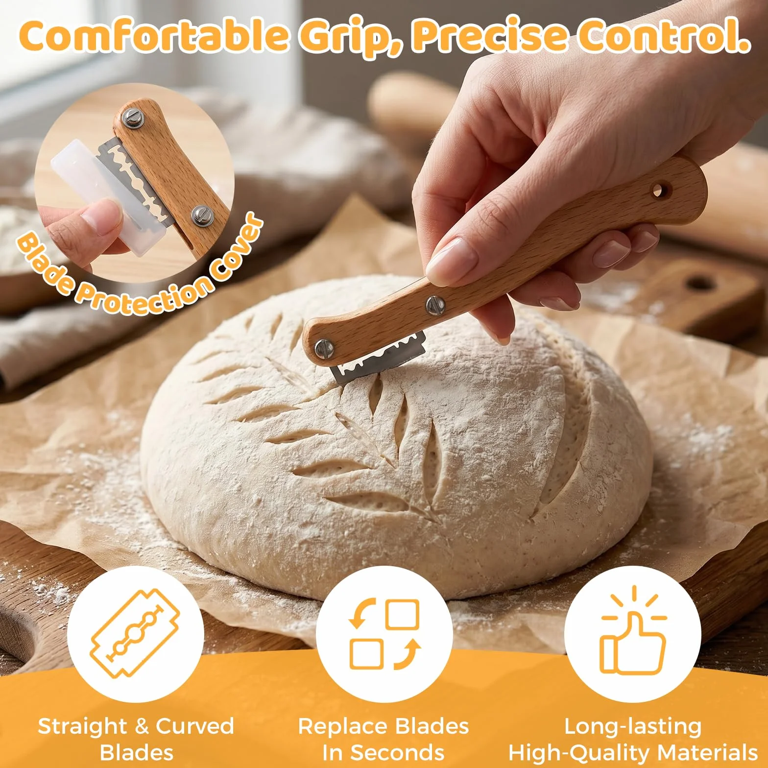 3 Piezas con 20 Hojas de Repuesto Cuchilla para Greñar Pan, Diseño de Varilla Danesa, Para Cortes Rectos y Curvos, Herramienta para Hornear Pan para Masa Madre, Baguette, Pan Artesanal