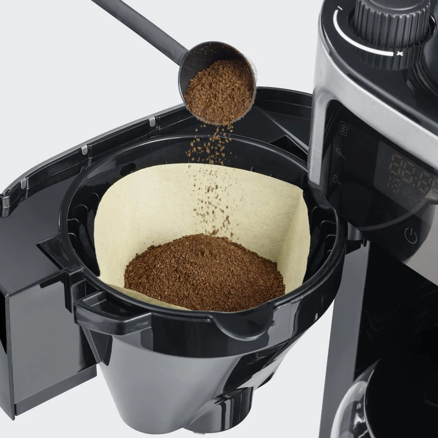 SEVERIN - Cafetera de goteo con molinillo hasta 10 tazas, Cafetera de filtro / Cafetera americana con jarra de cristal de 1l, con pantalla LED con temporizador, Acero inoxidable / Negro, KA 4813