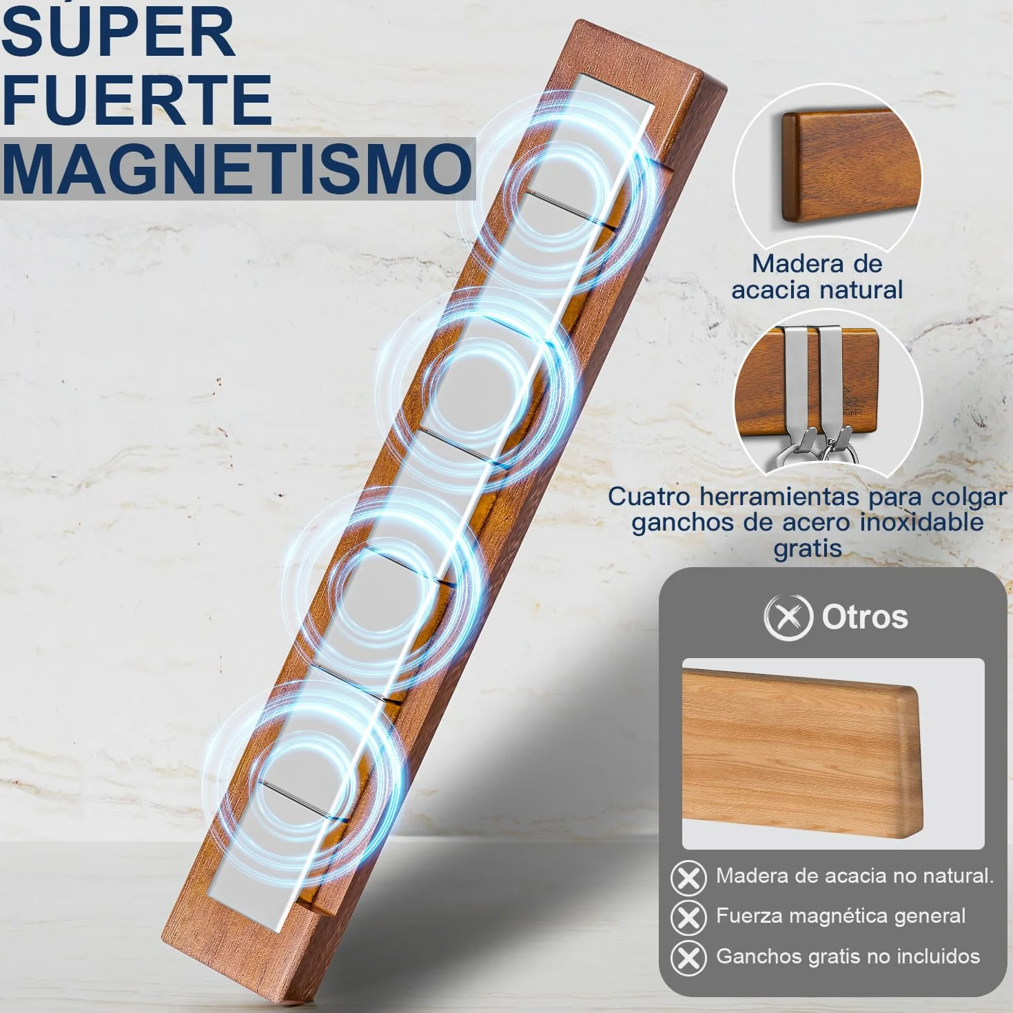 ENOKING Barra Magnetica para Cuchillos 40 cm, Soporte Imán de Madera de Acacia con Ganchos