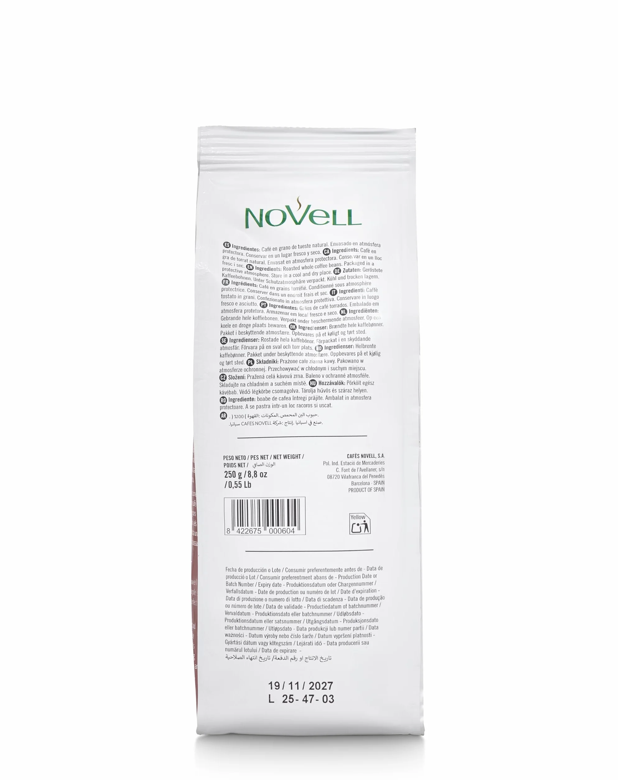 NOVELL Café en Grano Natural 100% Arábico 250g Premium Gourmet