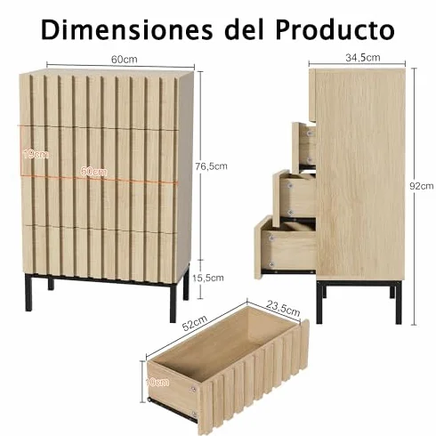UEV Cómoda con Cajones de 60 x 34,5 x 92 cm, Armario con 4 Cajones, Cómoda Estrecha, Armario para Salón, Dormitorio, Pasillo, Natural