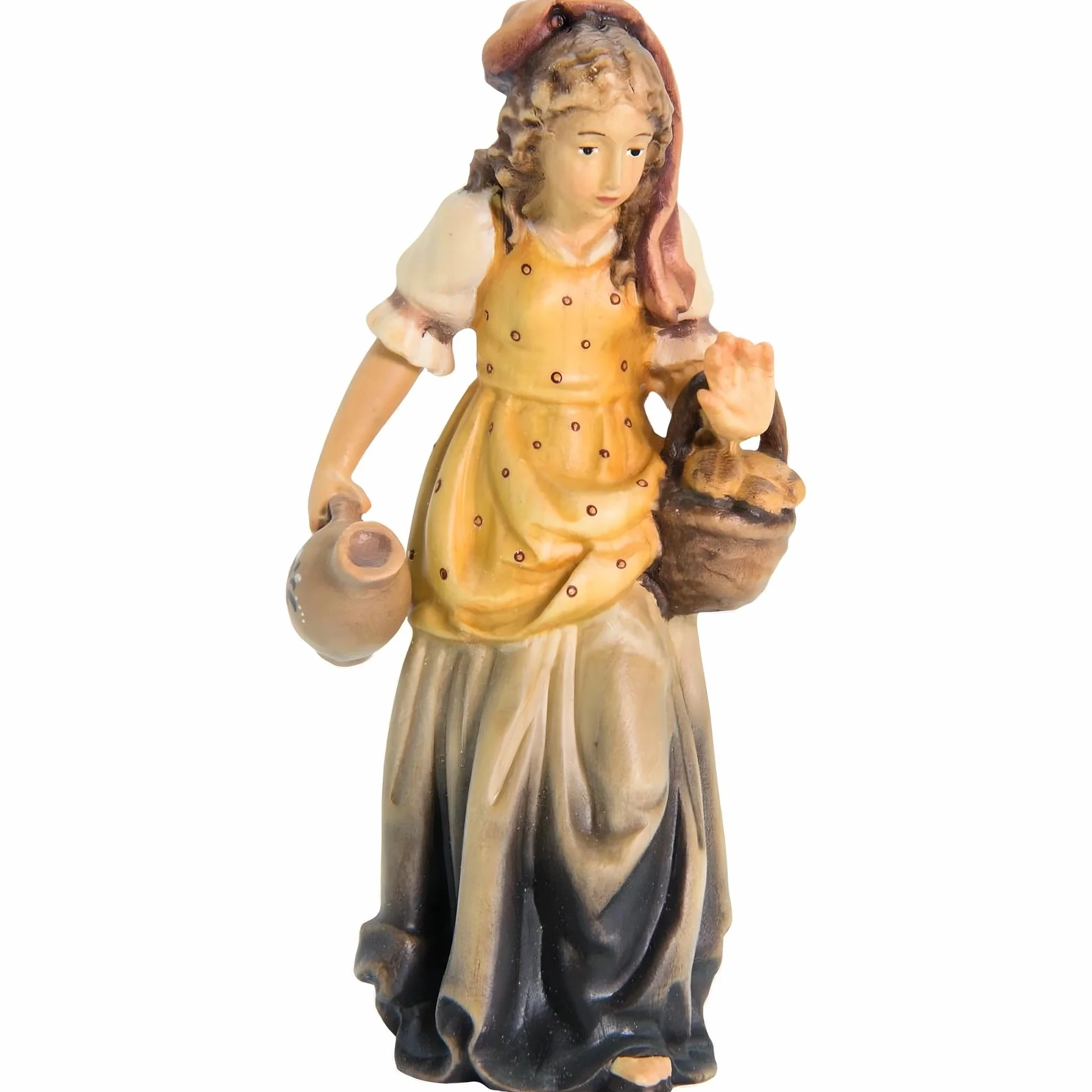 Pastora con jarra de agua y cesta de frutas de madera 6 cm | Madera pintada a mano en Val Gardena | Belén y Natividad