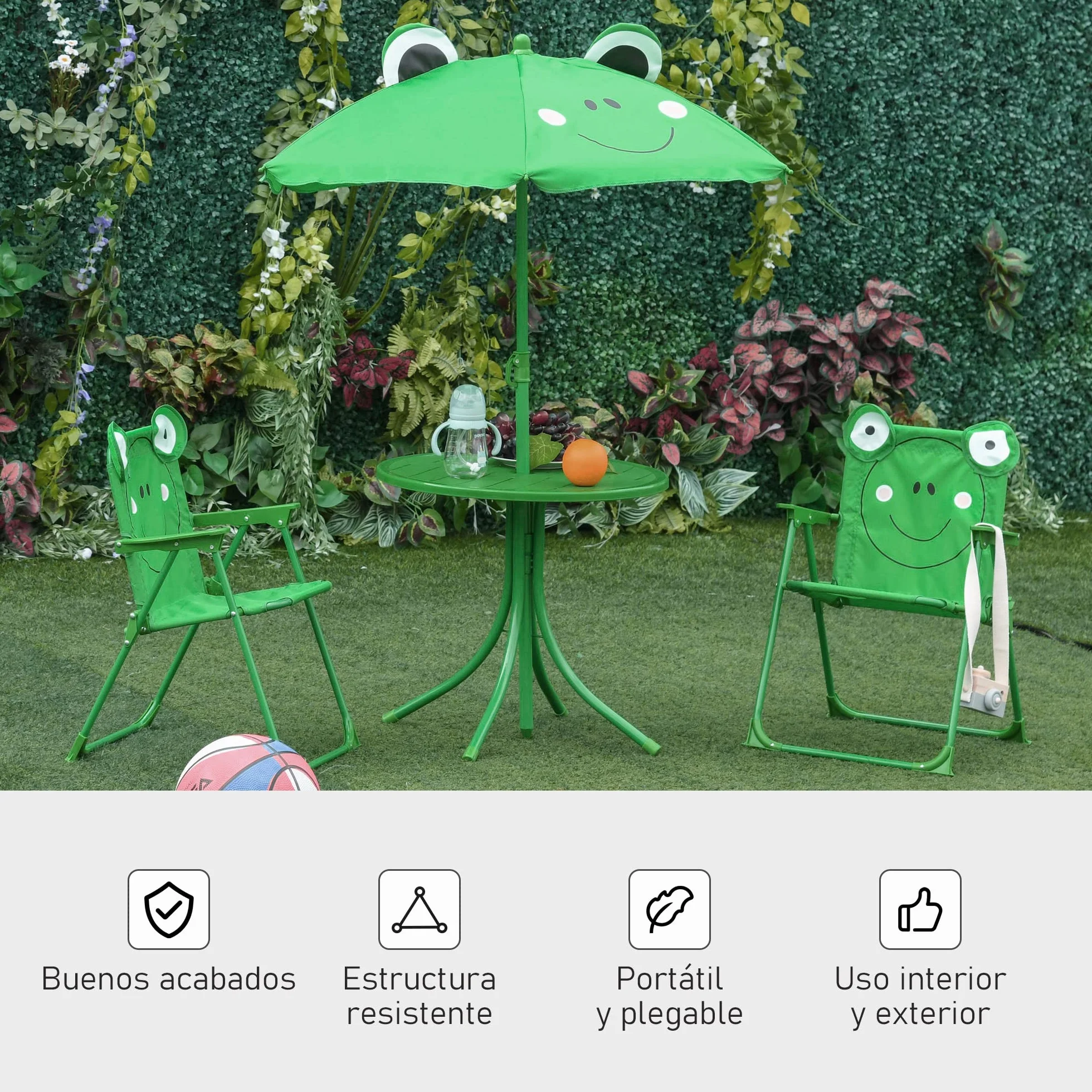 Outsunny Set de Mesa y Sillas Infantil de Jardín Plegable con Sombrilla Ajustable 100-125 cm Verde