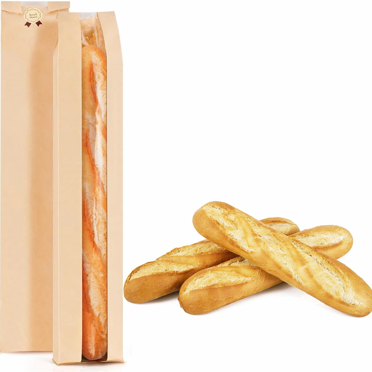 Paquete de 50 bolsas de baguette para pan casero con calcomanías, bolsas de pan de papel kraft reutilizables, bolsas largas de papel de masa madre con ventana frontal transparente