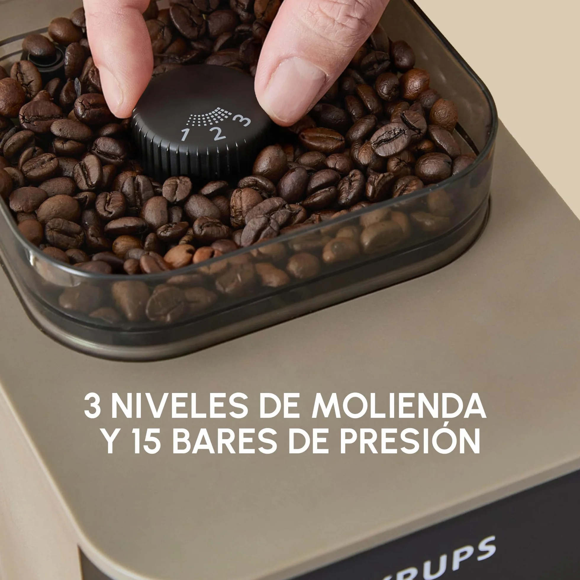 KRUPS Coffee Crush, Cafetera automática, Café en Grano y Molido, 15 Bares, 3 recetas de café, 3 niveles de temperatura y de molienda, Pantalla táctil, Compacta 15 cm de ancho, Beige, SA402AE0
