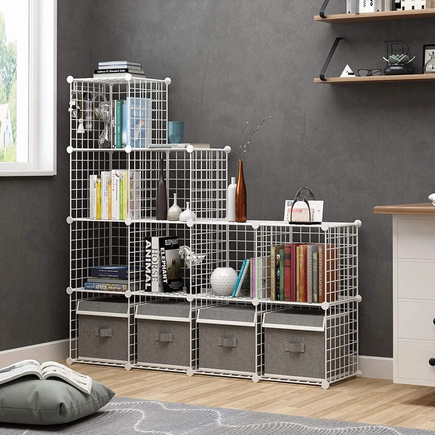 C&AHOME C&HOGAR Estante Modular para Libros Almacenamiento de Cubos de Alambre 36.6x12.4x48.4 Pulgadas Blanco