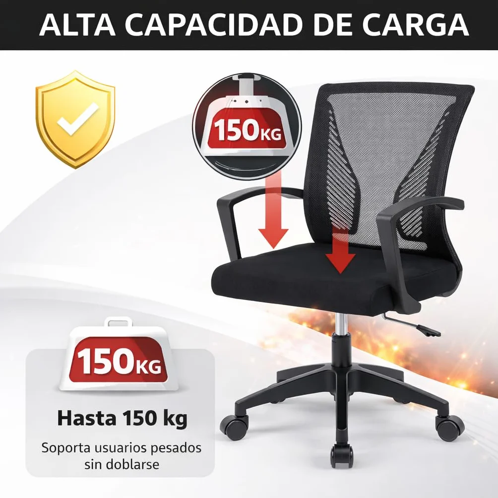 Silla de Oficina Ergonómica con Ruedas Giratorias y Soporte Lumbar, Respaldo de Malla Transpirable, 150kg