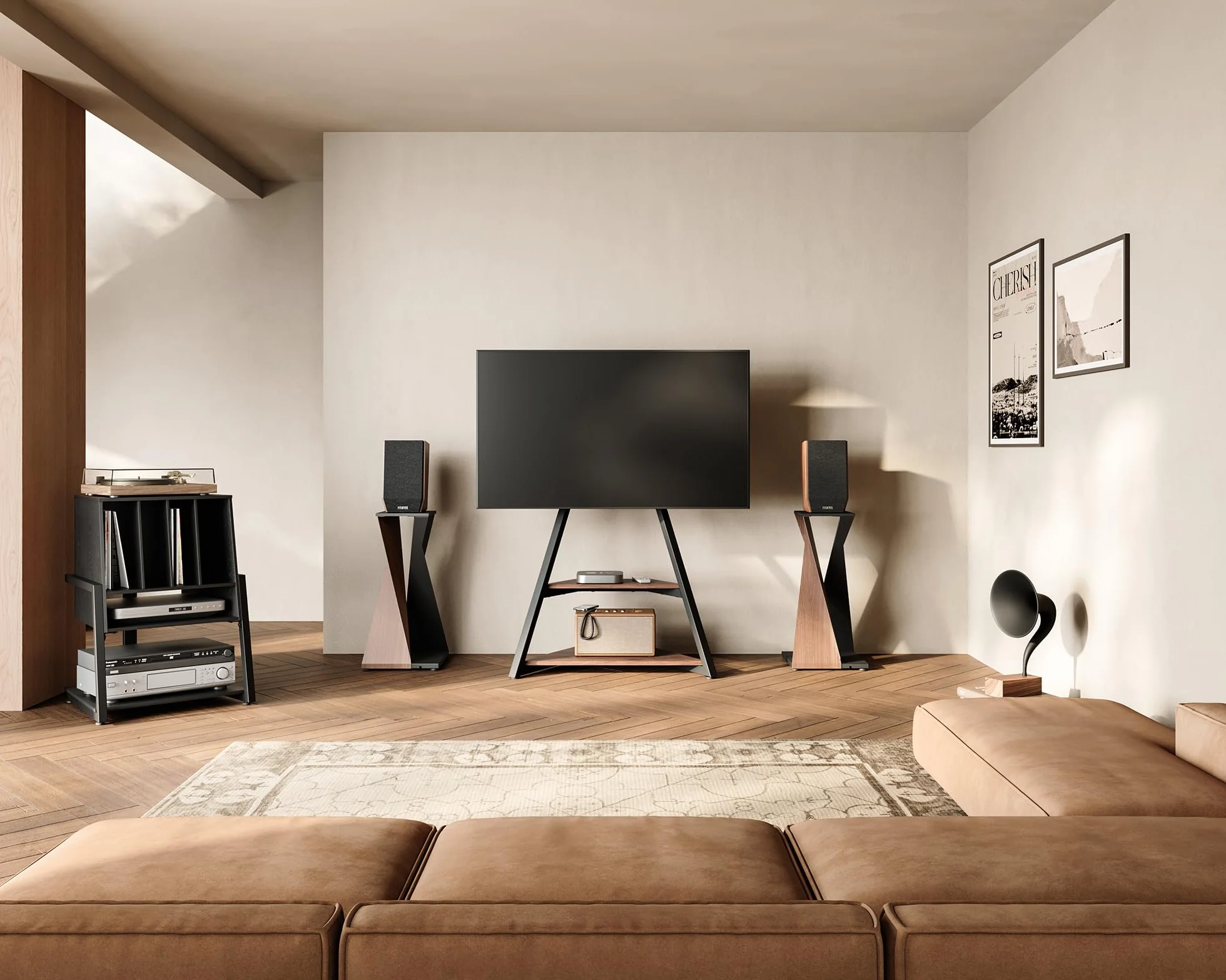 FITUEYES Mueble Tocadiscos, Mueble HiFi de Madera y Metal, Almacenamiento para 120 Discos, para Sistemas Compactos, para Salones y Salas de Música