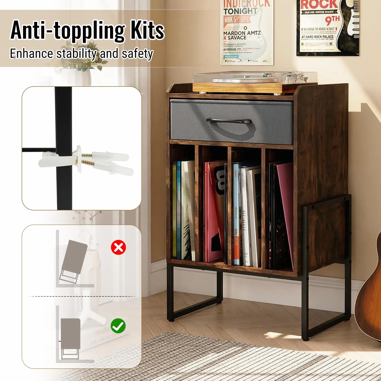 FANTASK Soporte para tocadiscos, estante para discos de vinilo con cajón de tela plegable, 4 compartimentos, hasta 160 álbumes, estilo vintage