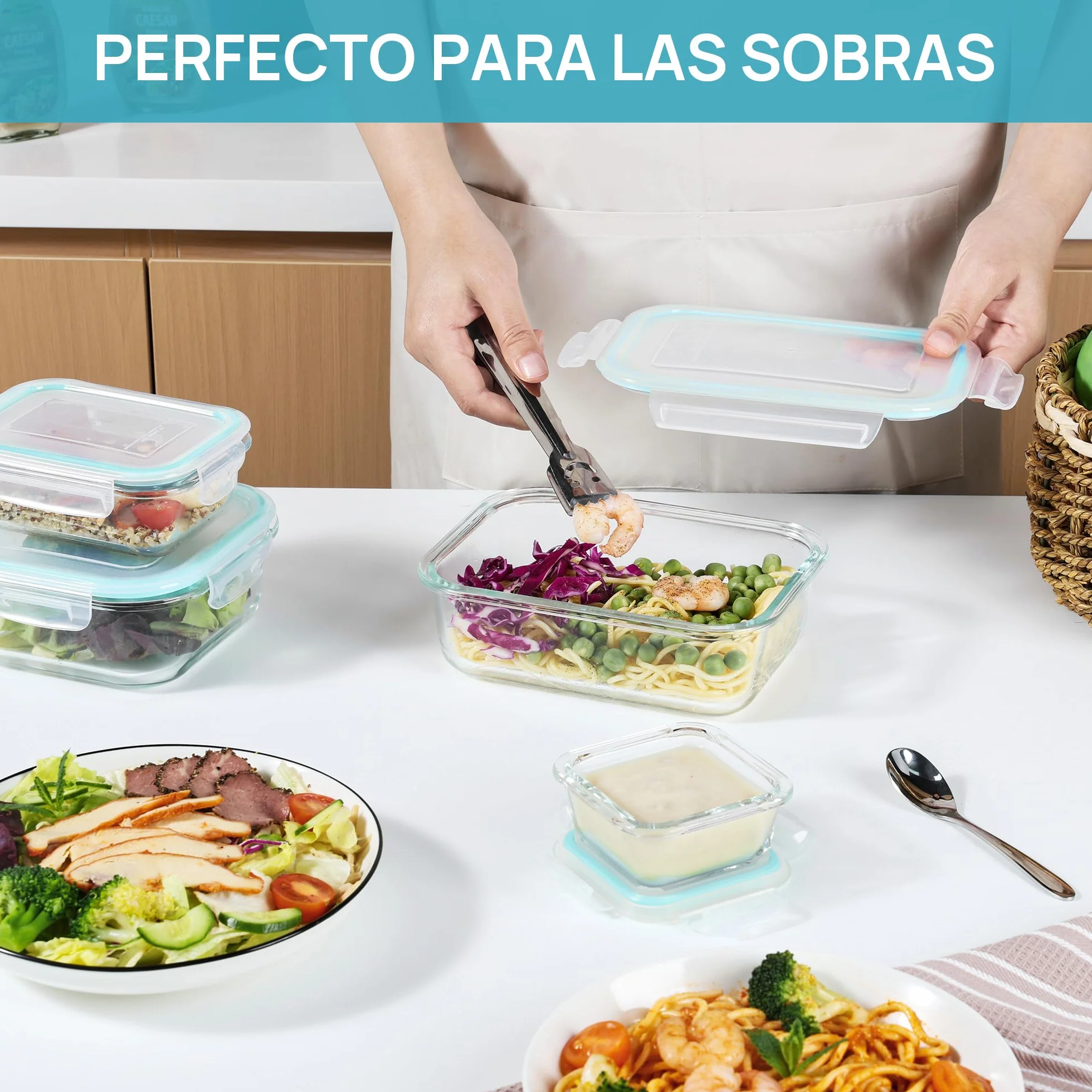 Vtopmart Set de 8 Recipientes de Cristal para Alimentos, Herméticos, Apto Lavavajillas y Microondas