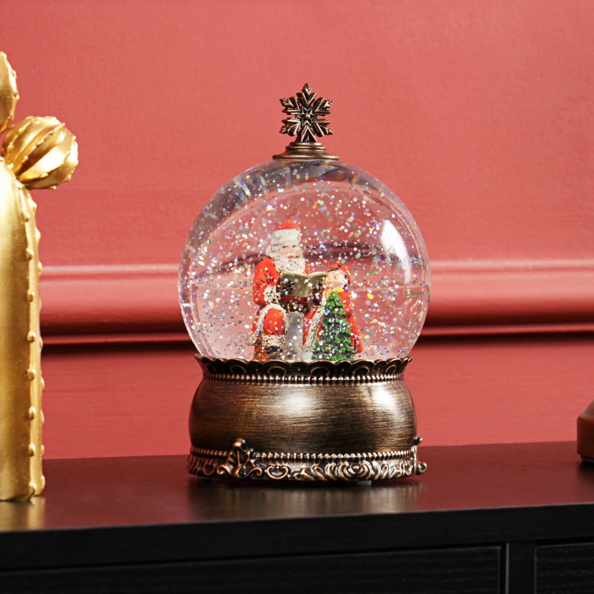 HOMCOM Bola de Nieve Navidad con Música y Luces Escena de Papá Noel y Niño Decoración Navideña Regalo Bronce
