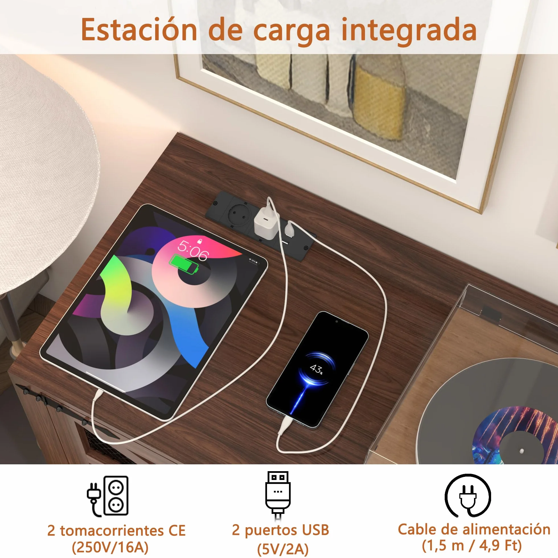 MDF Mueble para Discos de Vinilo con Acabado Nogal,Soporte para 500+ Vinilos, 2 Enchufes & 2 USB, Antivuelco, Mueble Compacto para Salón y Tocadiscos,Color Nogal（120×40×80cm）