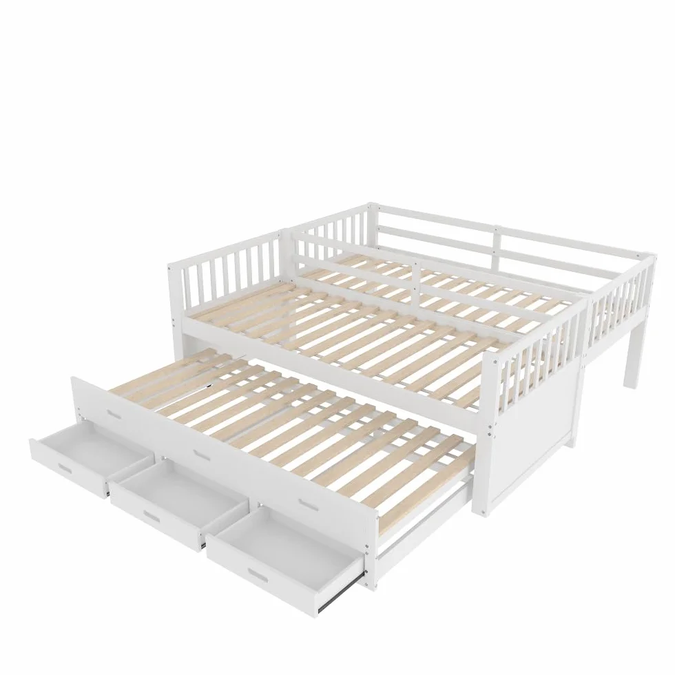 Litera infantil de 90x200cm con escalera, cama extraíble y 3 cajones, estructura de pino y MDF, barandilla alta, convertible en 2 camas individuales, colchón no incluido, Blanco