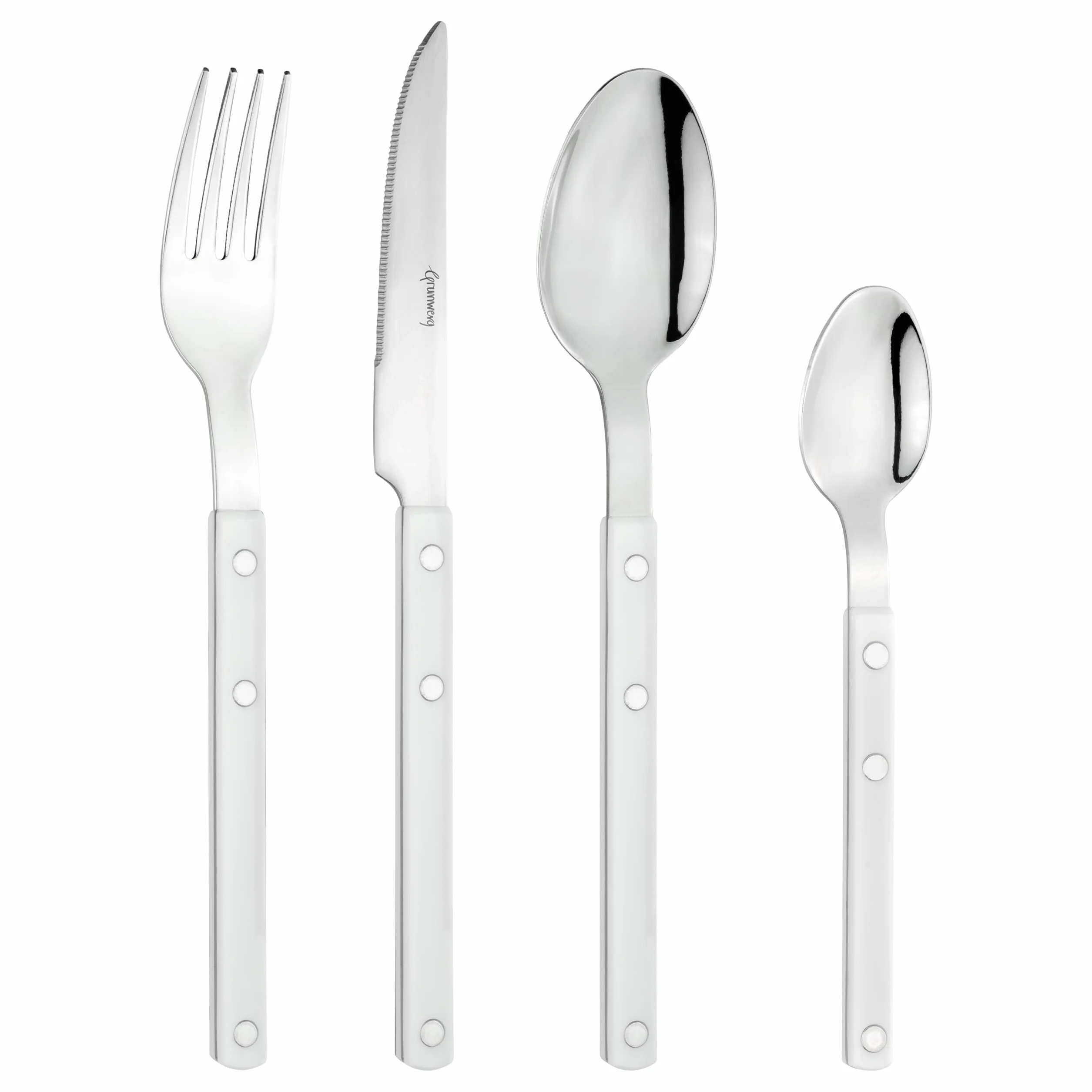 Grunwerg Cubiertos Bistro, Juego de 24 Piezas, Acero Inoxidable 18/0, Mango Blanco Remachado
