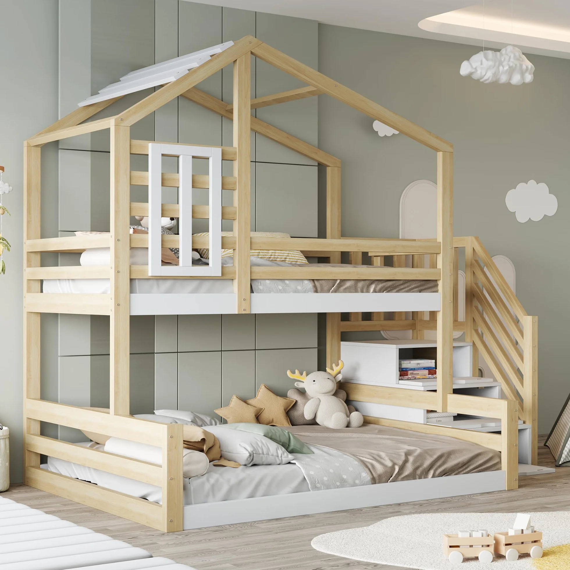 LAKFEW Litera 90(140)x200 cm con Escalera Almacenaje y Diseño de Techo, Cama Infantil para 2 Niños, Cama Litera Matrimonio con Barandilla Anticaída y Ventana, Literas Infantiles, Natural, Sin Colchón