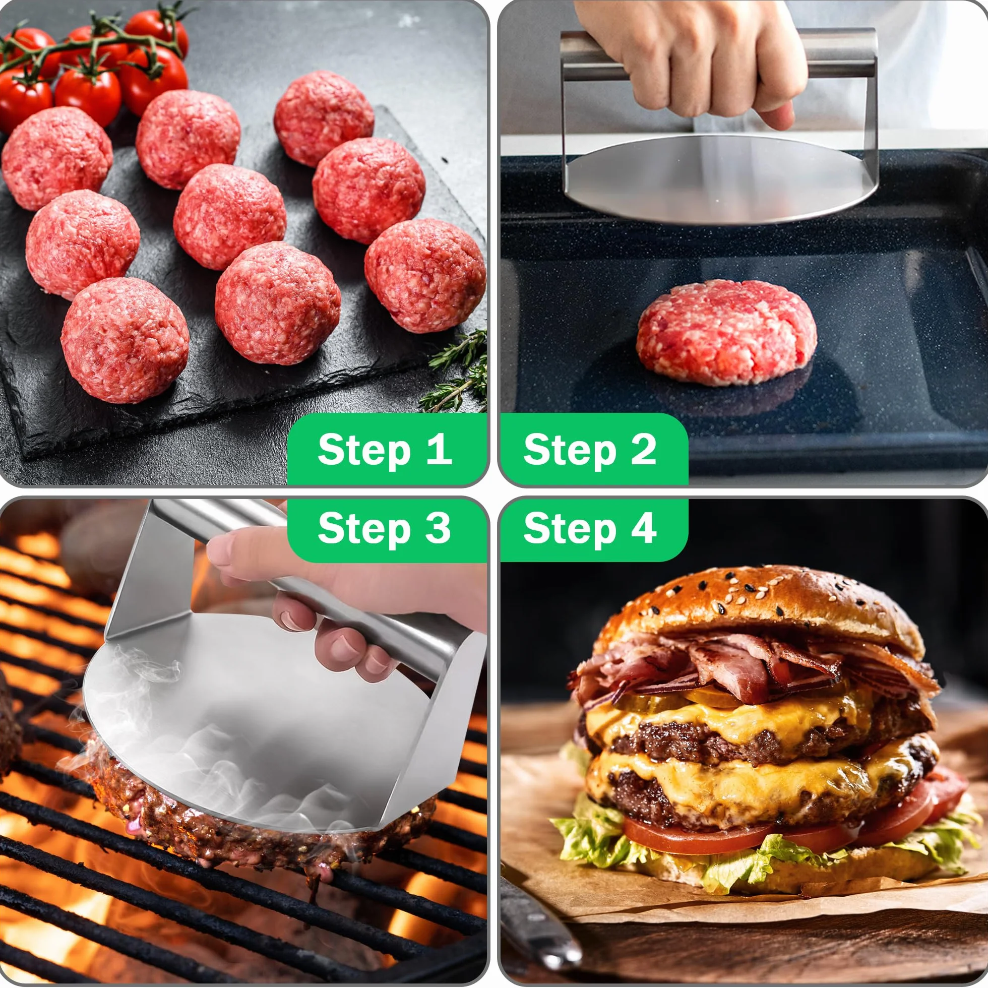 Prensa de Hamburguesas de Acero Inoxidable, Smash Burger Press 5.5 Pulgadas