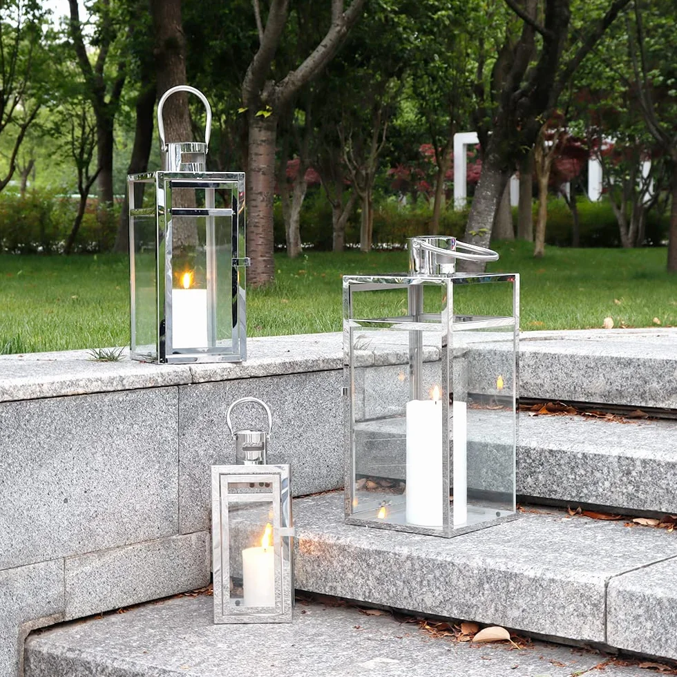 TRIROCKS Set de 3 Faroles Decorativos de Acero Inoxidable 48/38/30 cm Altos, Soportes Colgantes de Metal con Vidrio Transparente para Sala, Mesa y Exterior (Plata)