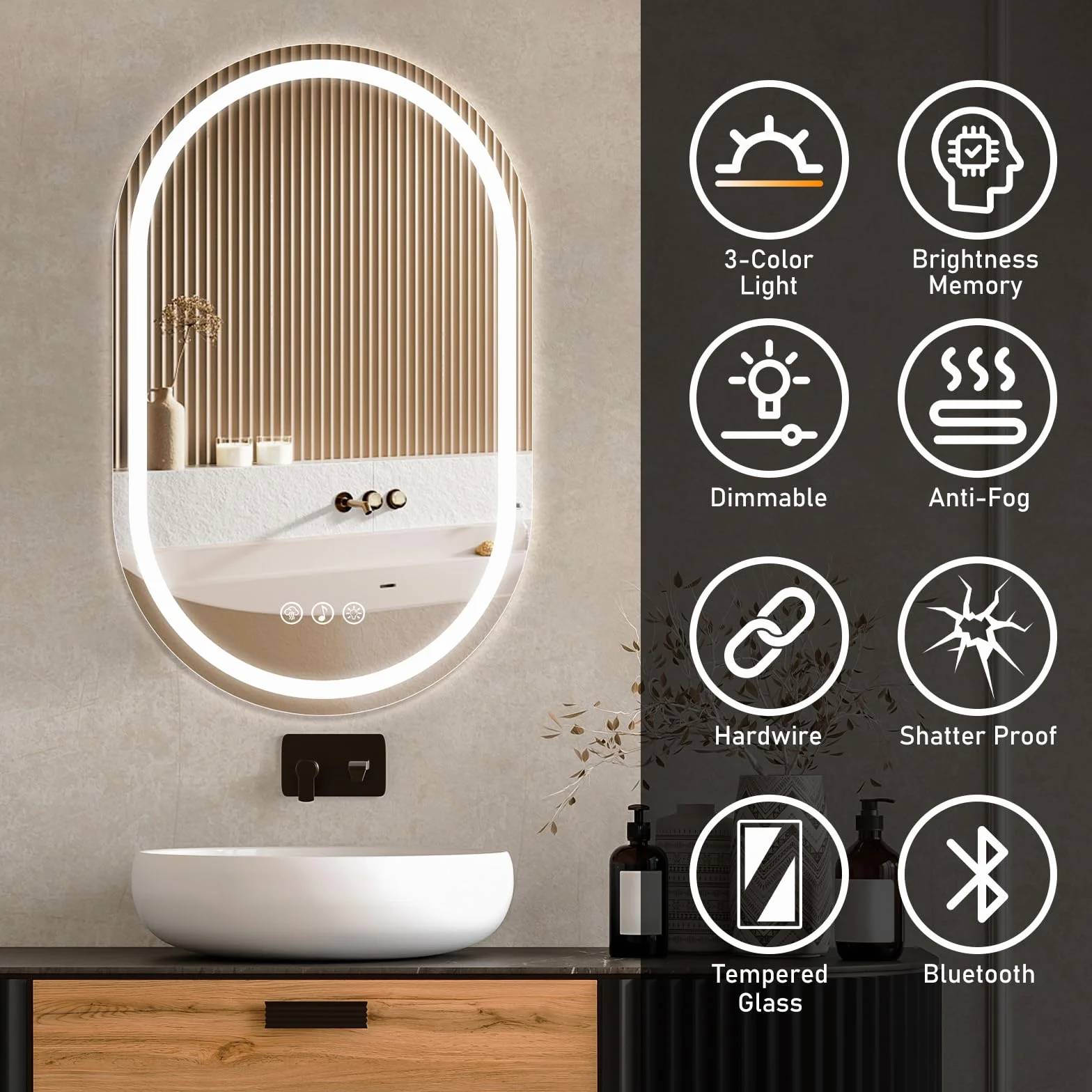 Ratsamee Bluetooth Espejo de Baño Ovalado con Luz 50x80cm, Espejos de Baño con LED con Antivaho, Regulable, 3 Colores Luz, Función Memoria