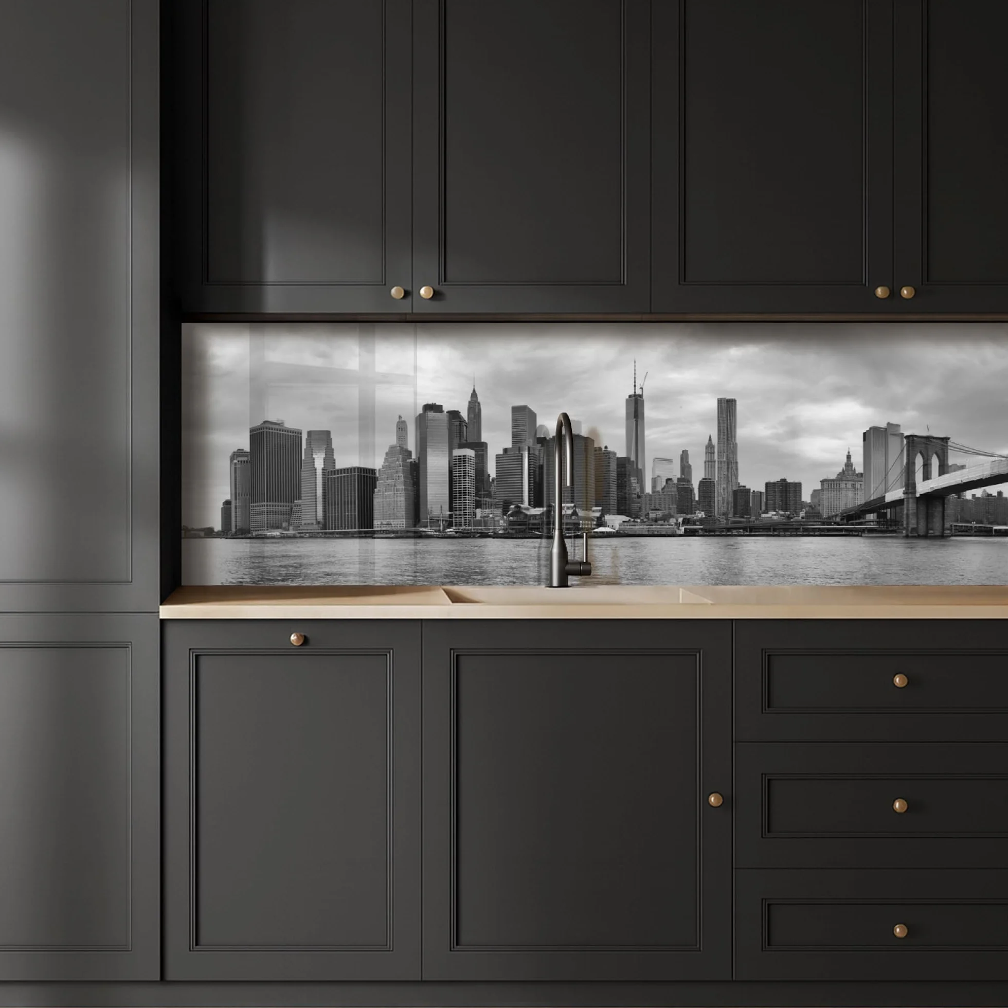 KitchenYeah© Antisalpicaduras Cocina 80x300 cm Adhesivo Salpicadero Protector Pared Salpicaduras Revestimiento Skyline - Puente - Edificios - Incoloro