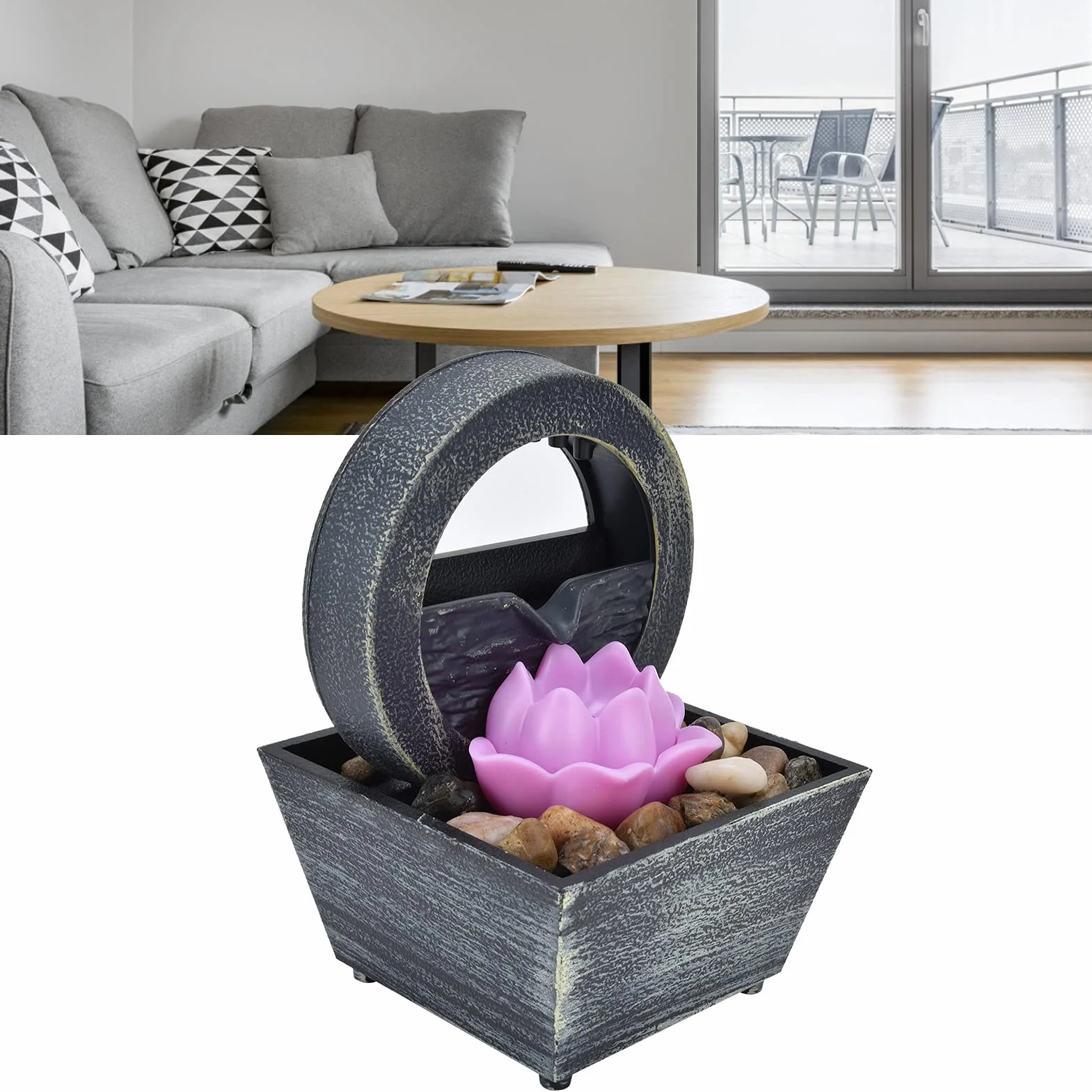 Fuente de Interior, Fuente de Agua LED con Flores de Plástico, Fuente de Mesa con Piedras para Decoración de Mesa en Casa, Oficina, Dormitorio, Sala de Estar