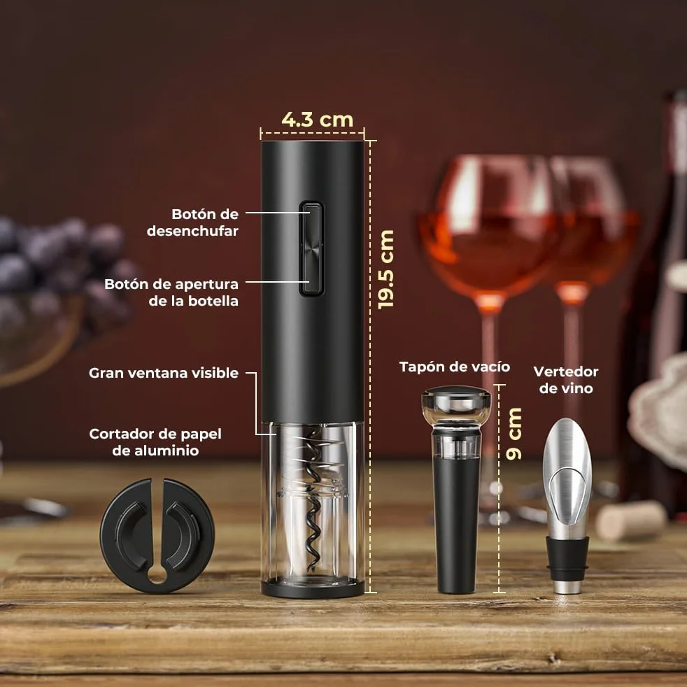 GHB Sacacorchos Eléctrico 6 en 1 Abridor de Botellas Recargable con Cortador de Papel, Vertedor, Tapón de Vacío, Aerator, Anillo de Vino, Cable USB