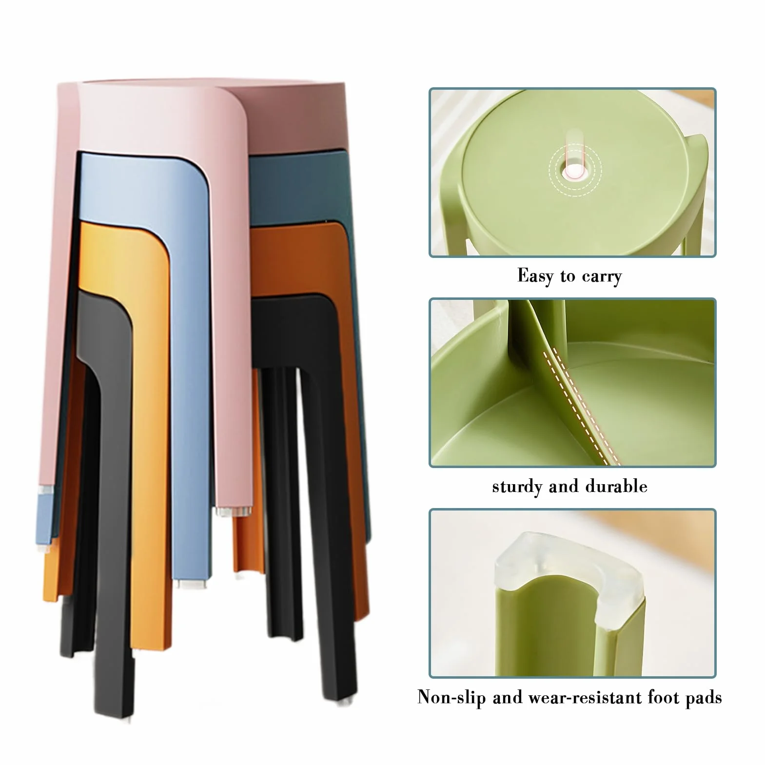 Juego de 6 taburetes coloridos apilables de plástico, taburetes redondos portátiles y ligeros para uso en interiores y exteriores, sillas sin respaldo, asientos flexibles para el hogar, la