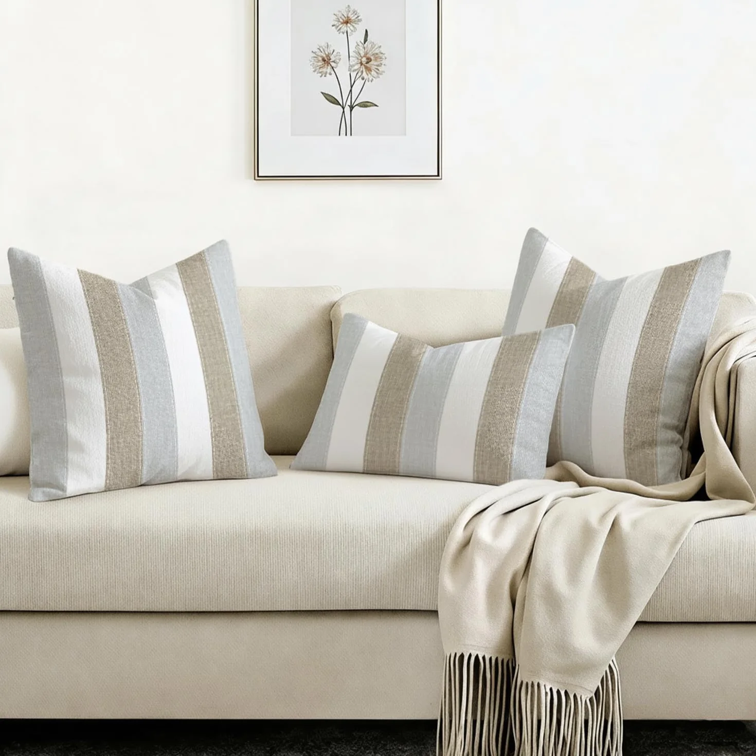 Funda Cojines 45x45 cm Rayas Beige Gris Blanco Juego de 2 Decorativas para Sofá