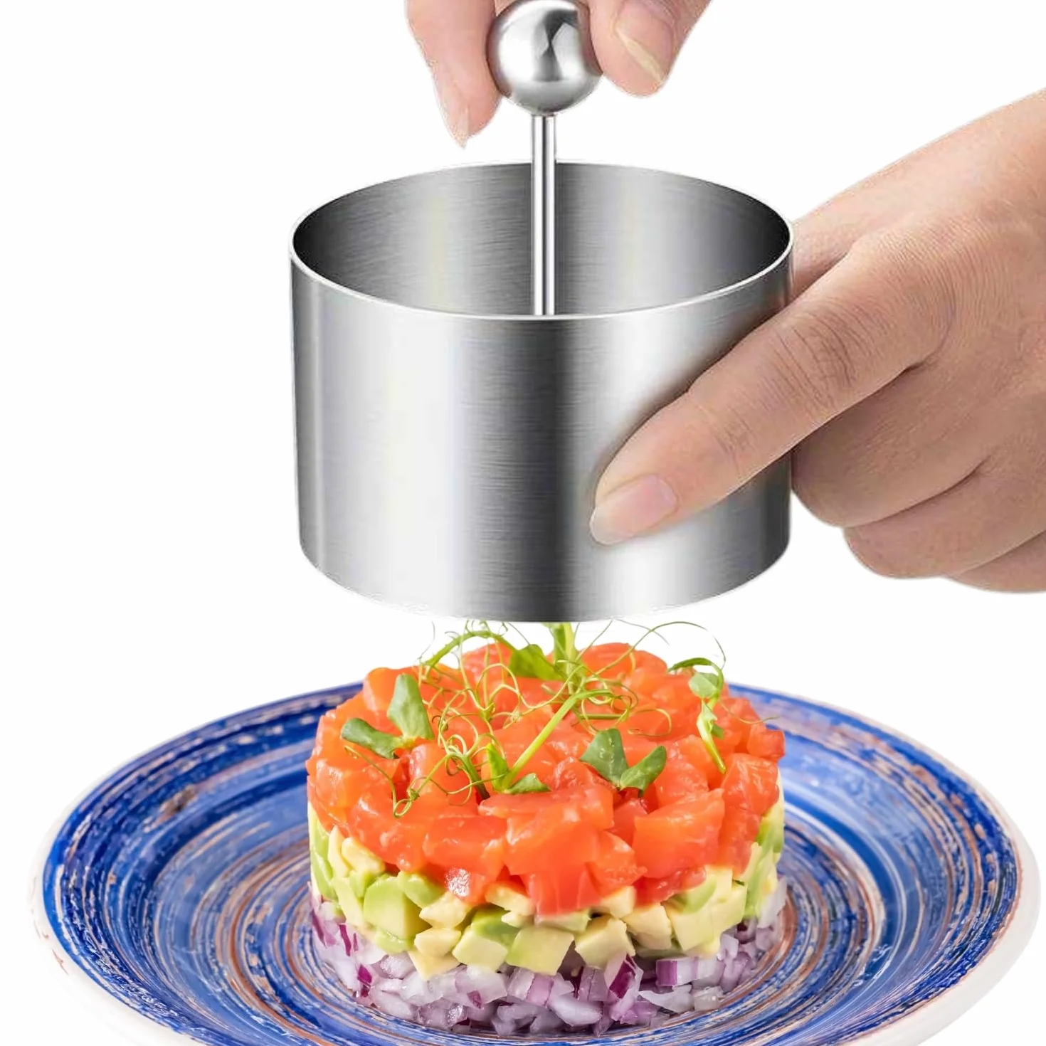CHEFZOCO Molde Para Platos Fríos, Molde de prensa circular, molde para pasteles, Accesorio Circular cocina, Utensilios e Cocina, Moldes tartar, Acero inoxidable, Diámetro 8 cm x 5 cm altura