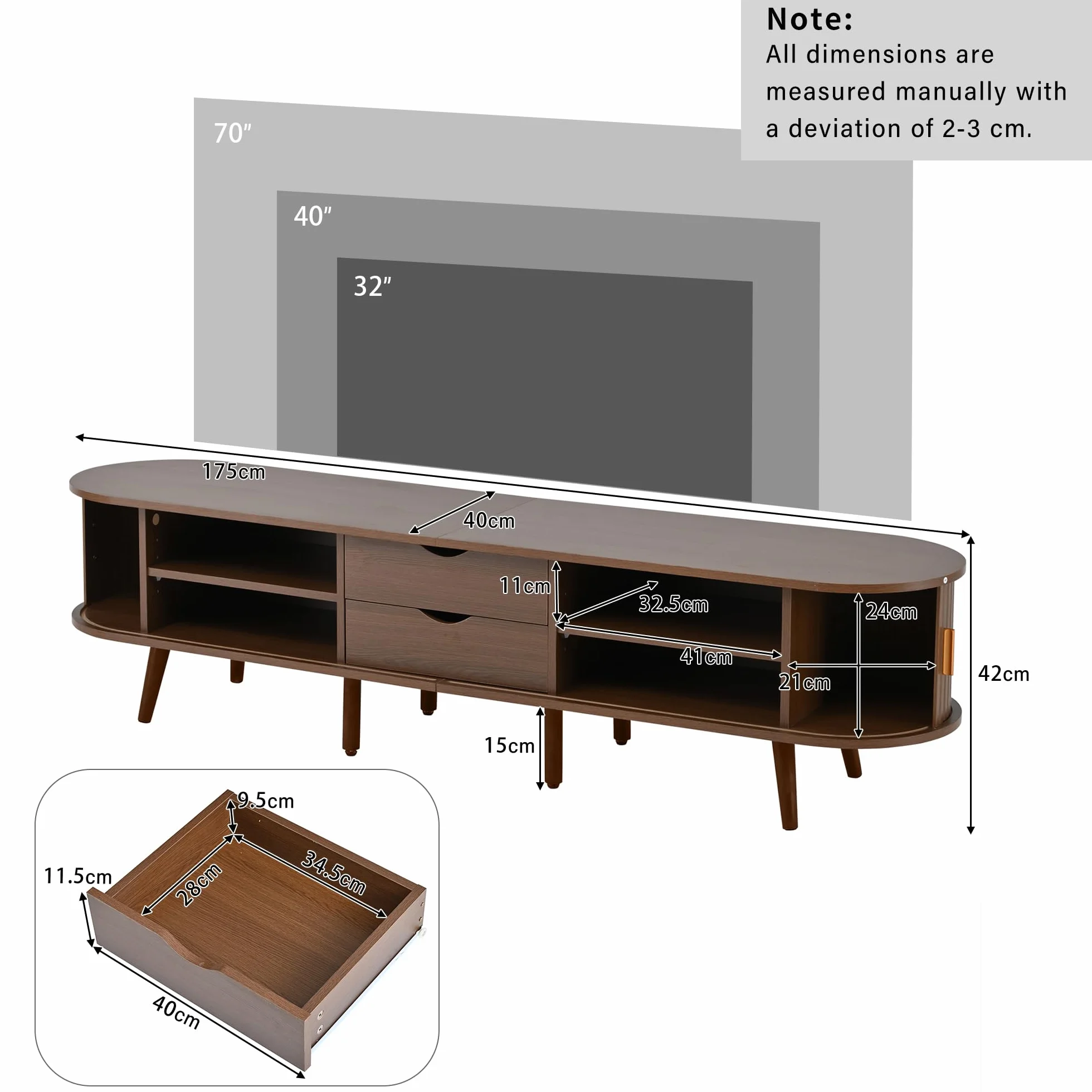 Armario de TV de salón con espacio de almacenamiento y tablero redondo de madera de densidad media con 2 cajones, apto para 175 x 40 x 42 cm