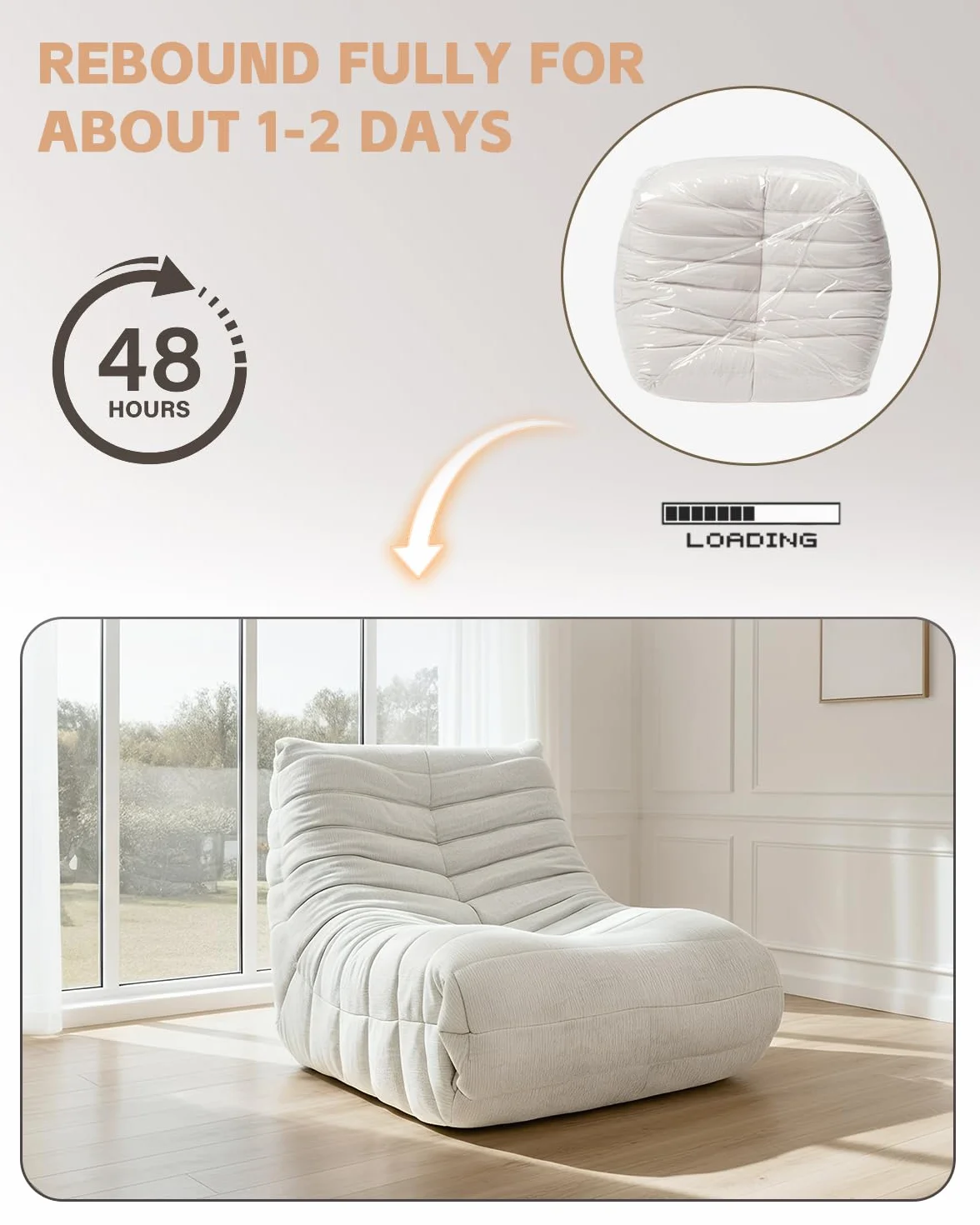 Puf de Espuma de Alta Densidad para sofá, sofá de Suelo de Chenilla con Respaldo, sillón de Lectura para Interiores, Perezoso para salón y Dormitorio (Beigewhite)
