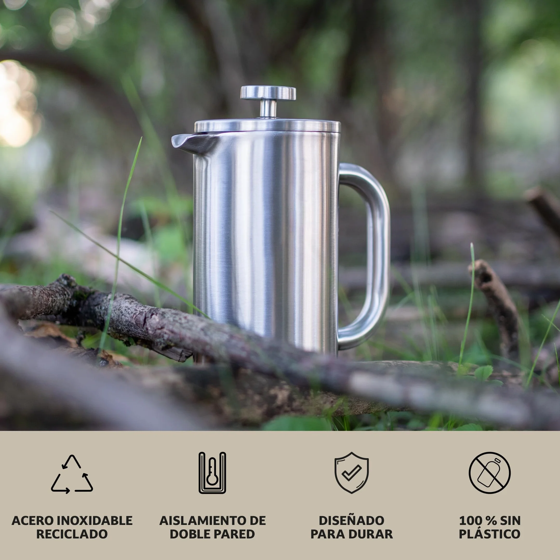 Campo Libre.® GIORGIO – Cafetera Francesa de Acero Inoxidable, Doble Pared Aislada, Sin Plástico – Prensa Francesa Térmica con Filtro Extra – Apta para Lavavajillas – Verde. 600ml