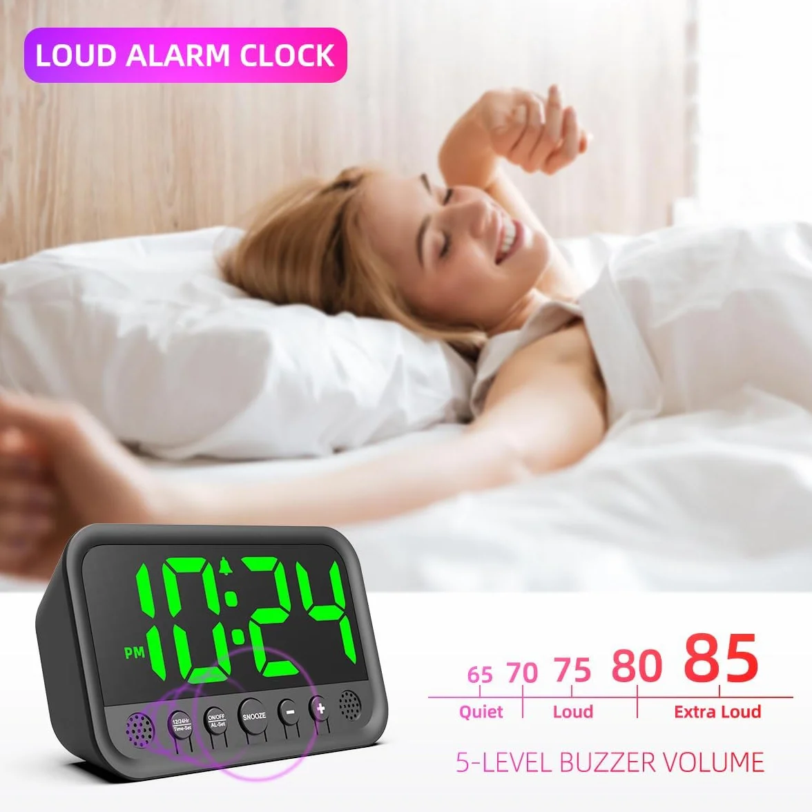 Despertador digital LED grande, alarma fuerte, enchufe eléctrico, volumen y brillo ajustables, repetición, 12/24 horas