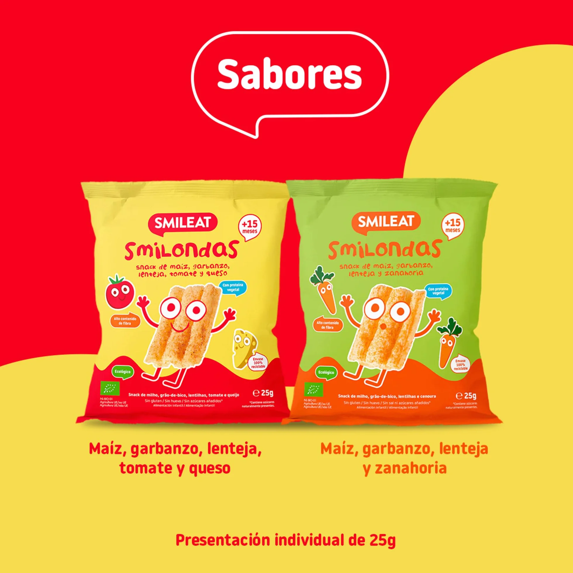 Smileat Smilondas Snack Ecológico Maíz Garbanzo Lenteja Tomate Queso Bebés 15 Meses Pack 7x25g