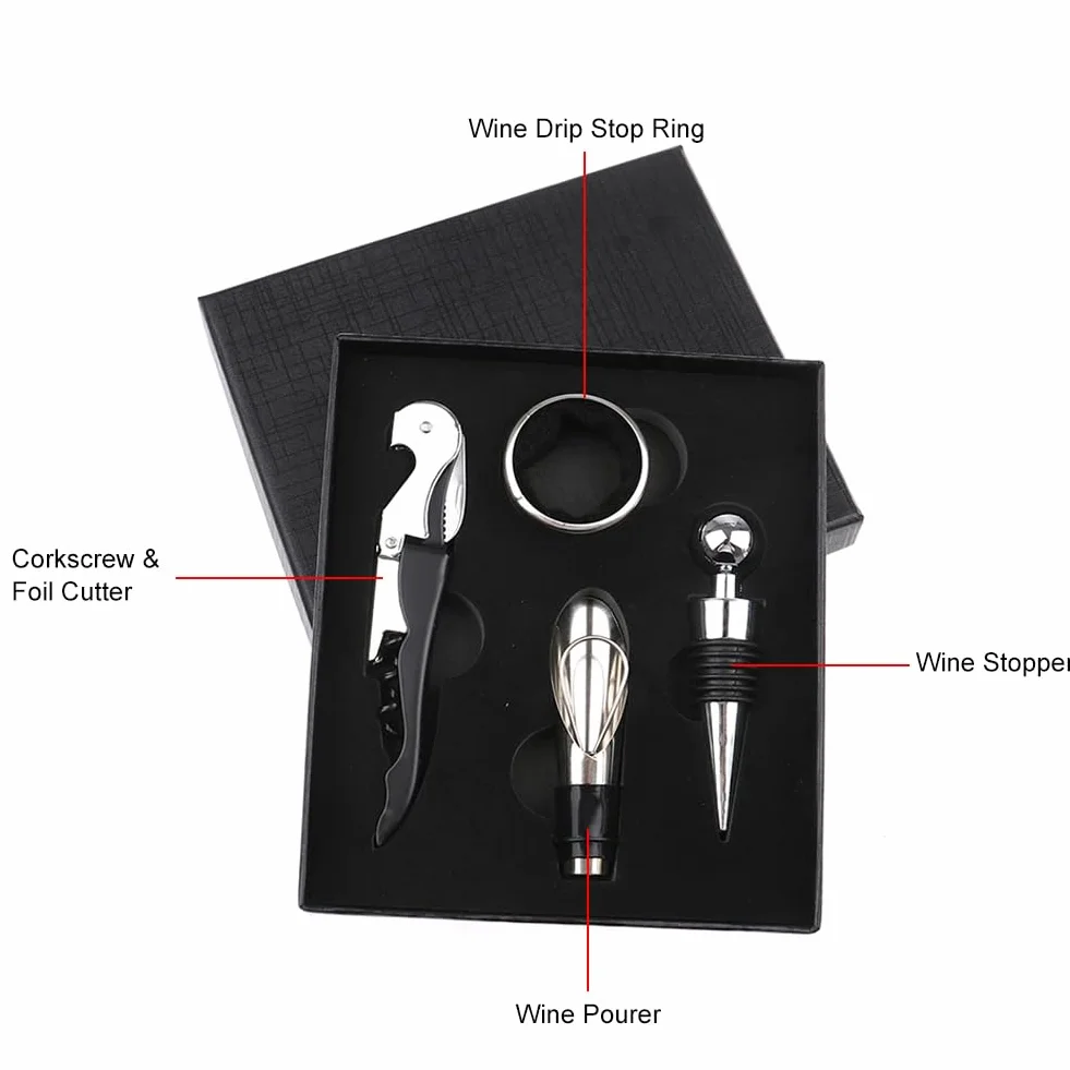 Set Sacacorchos 4 en 1, Kit Accesorios Vino con Abrebotellas y Tapón
